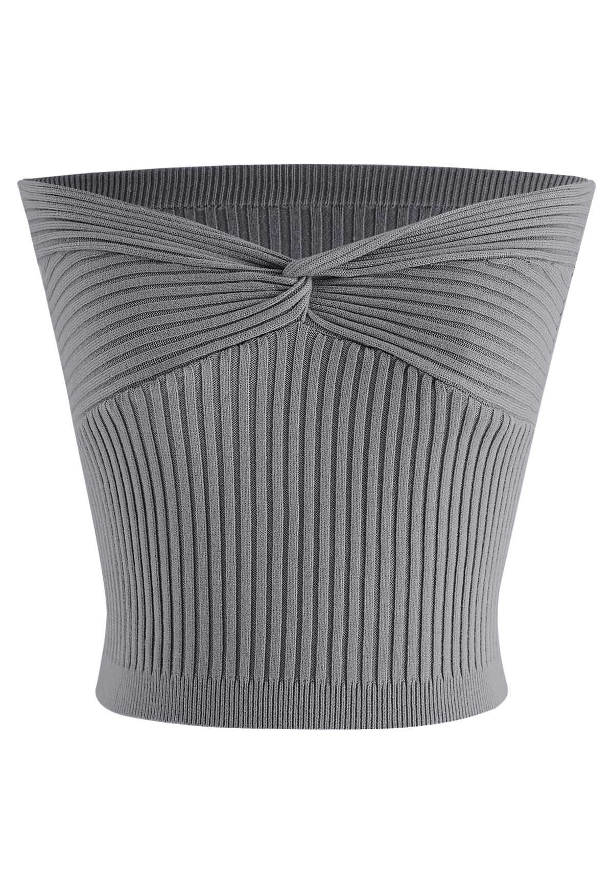 Twist Front Ribbed Knit Tube Crop Top in Grey