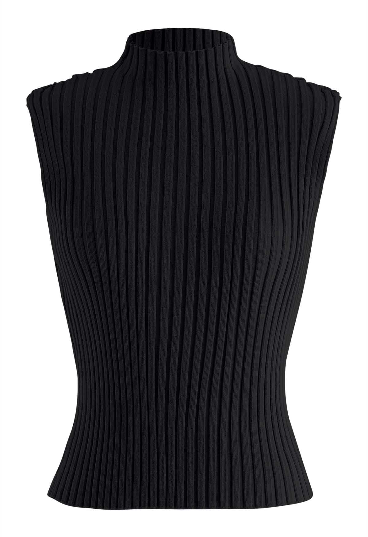 Mock Neck Sleeveless Rib Knit Top in Black