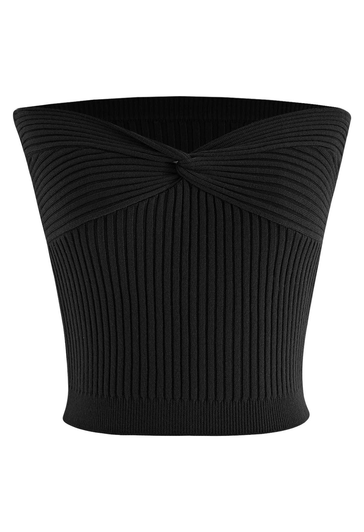 Twist Front Ribbed Knit Tube Crop Top in Black