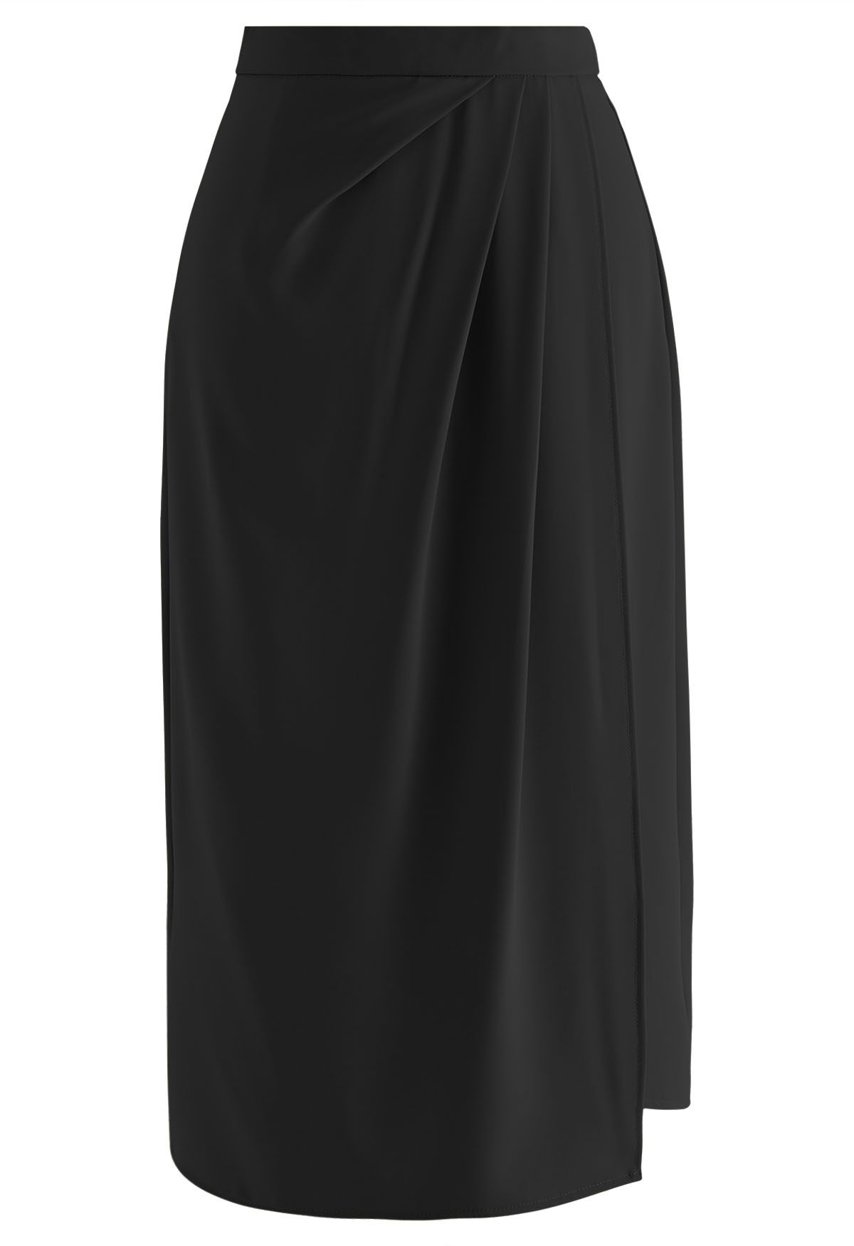 Side Pleated Flap Midi Skirt in Black