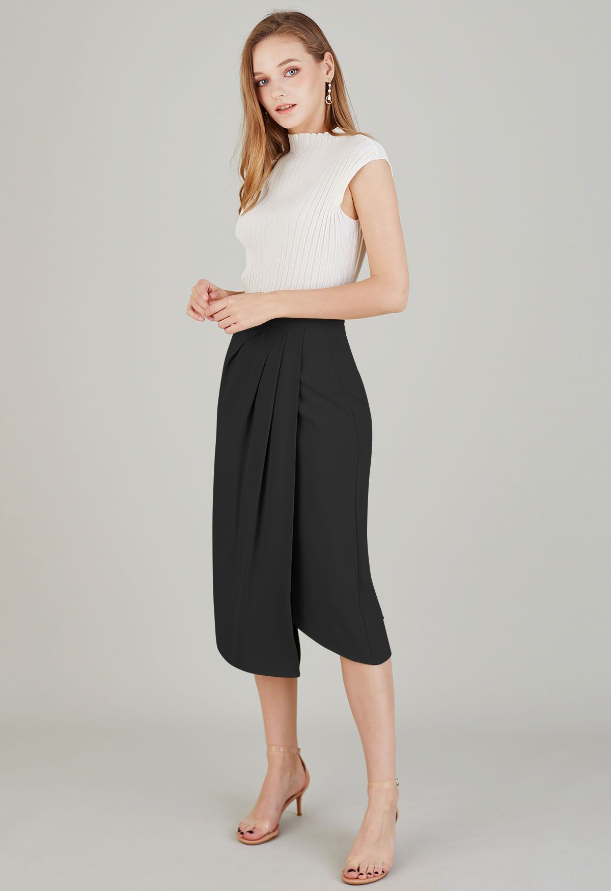 Side Pleated Flap Midi Skirt in Black