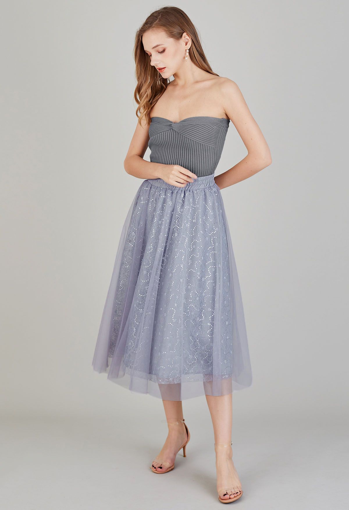 Sequined Floral Lace Mesh Tulle Skirt in Grey