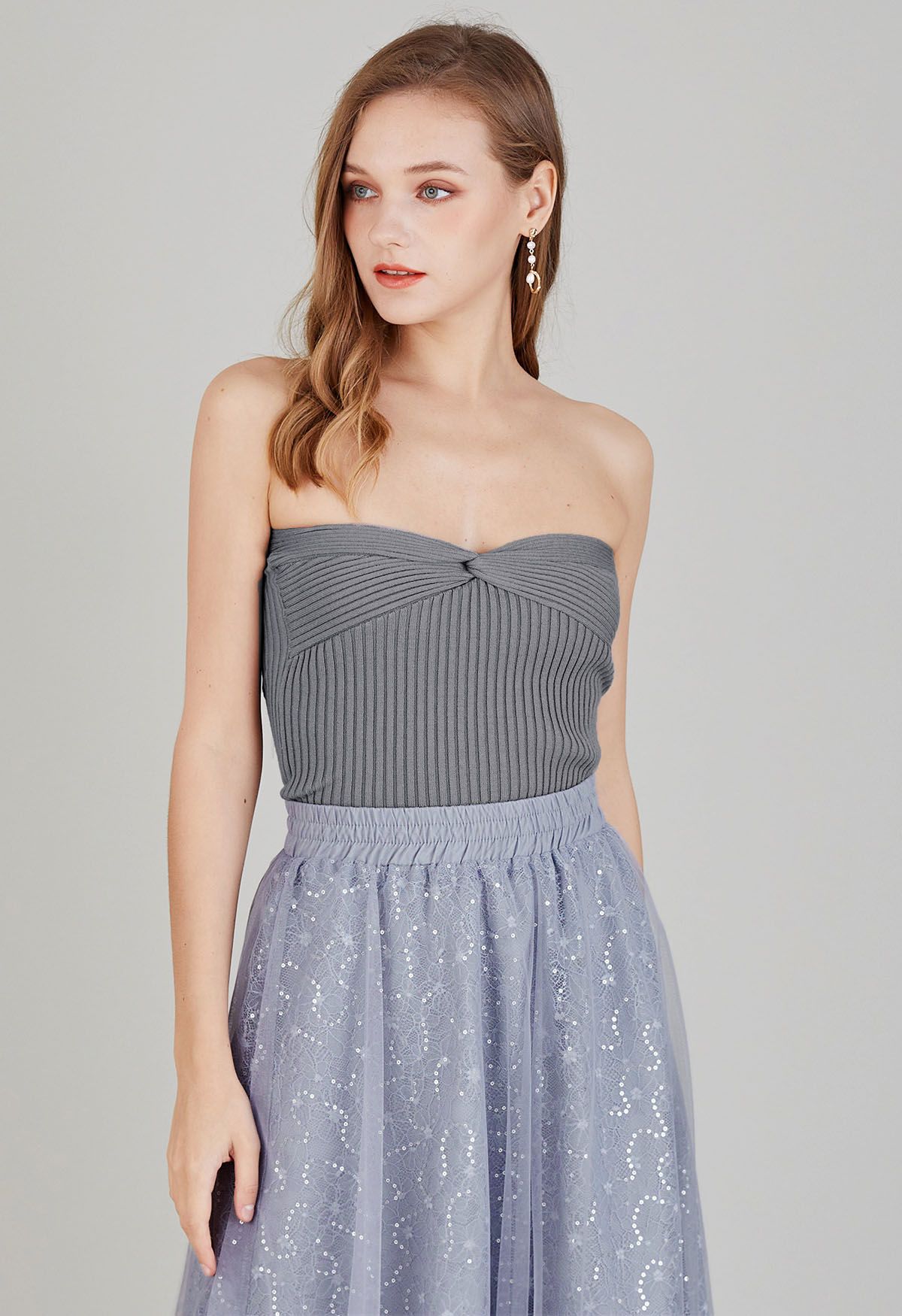 Twist Front Ribbed Knit Tube Crop Top in Grey