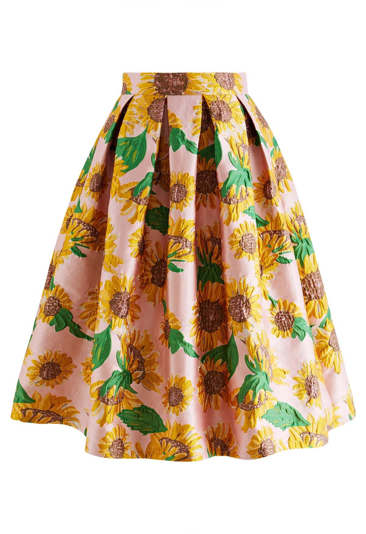 Cheerful Sunflower Jacquard Pleated Flare Skirt