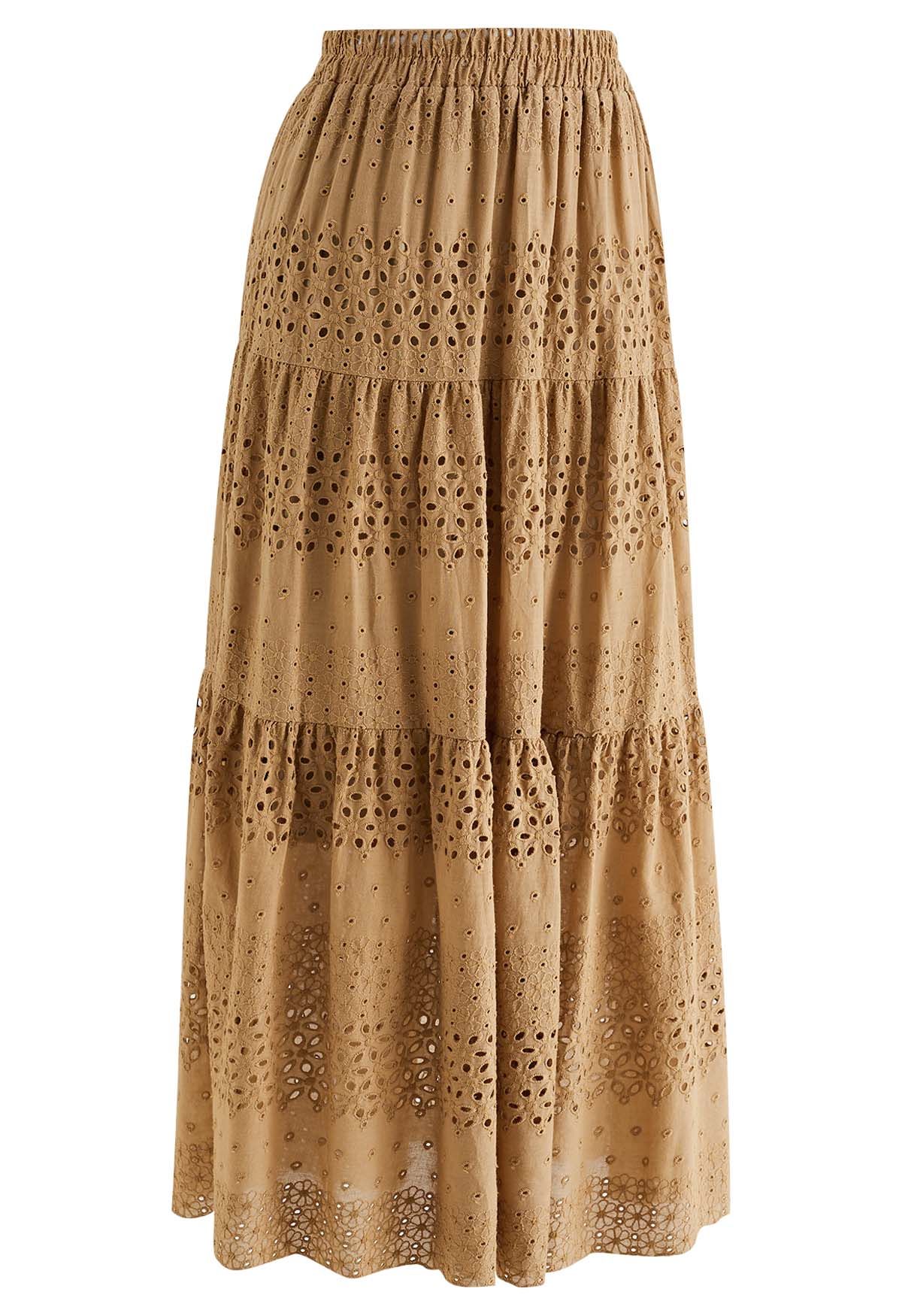 Floret Embroidered Eyelet Cotton Midi Skirt in Tan