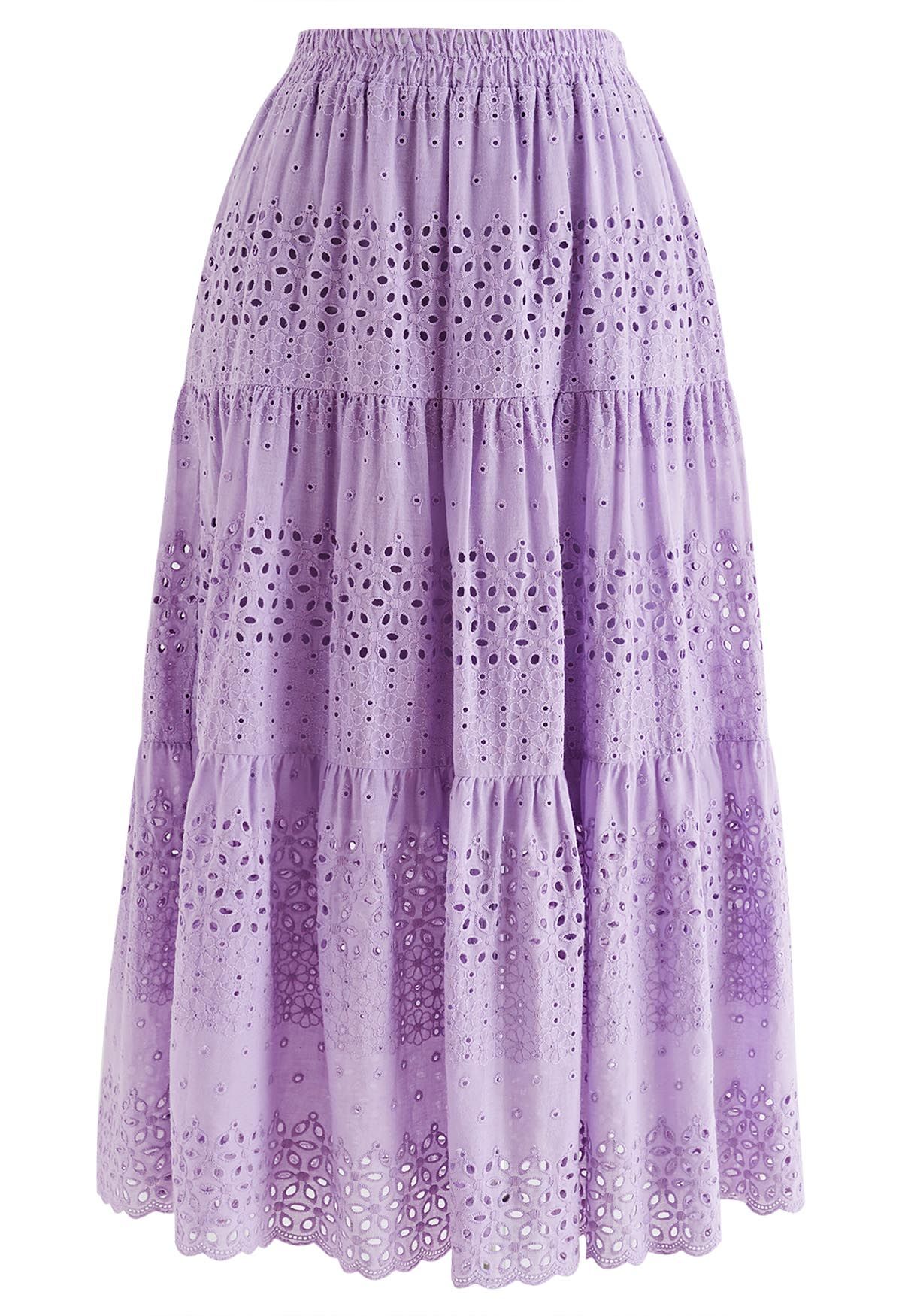 Floret Embroidered Eyelet Cotton Midi Skirt in Lilac