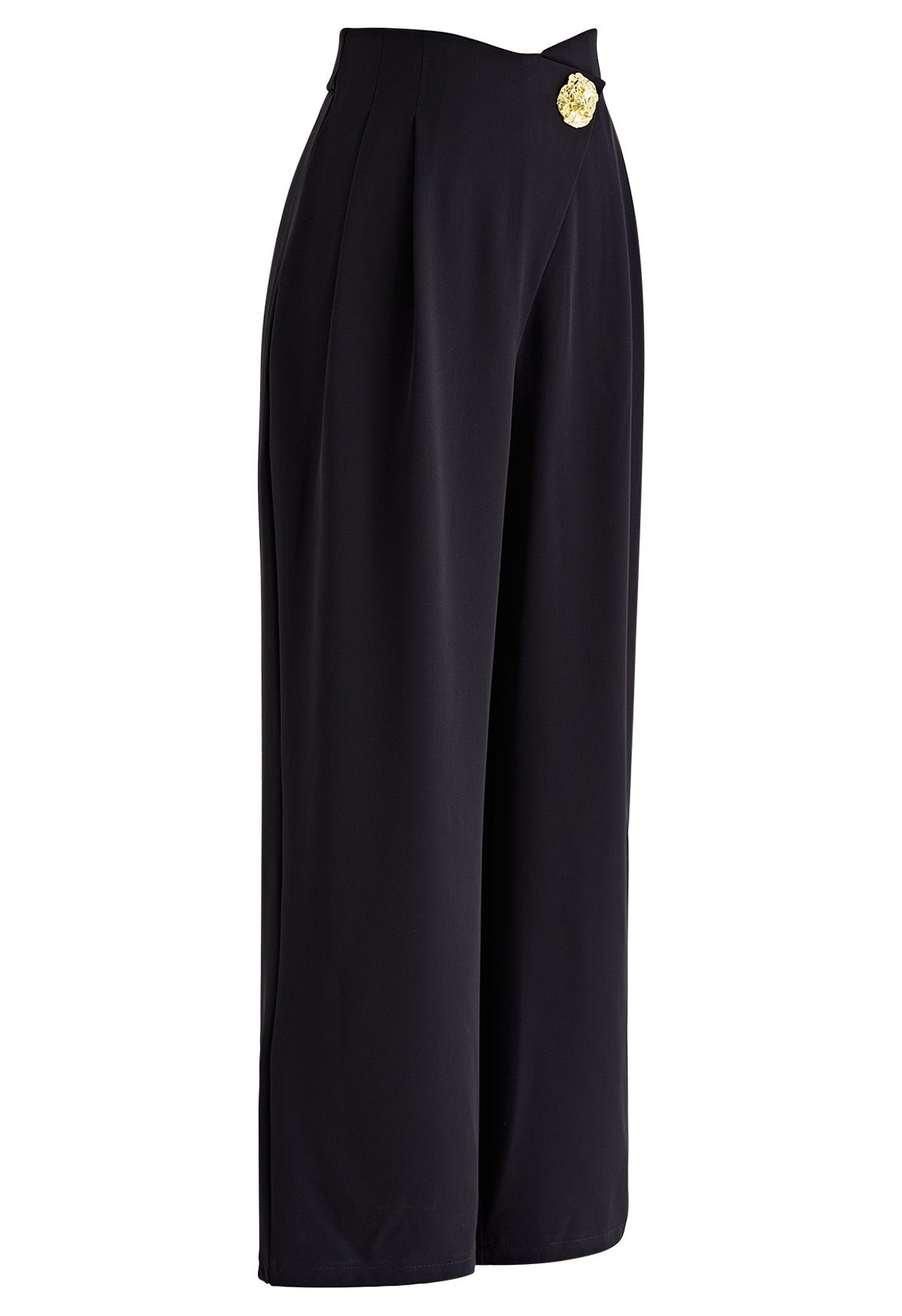 Golden Button Cross Waist Straight-Leg Pants in Black