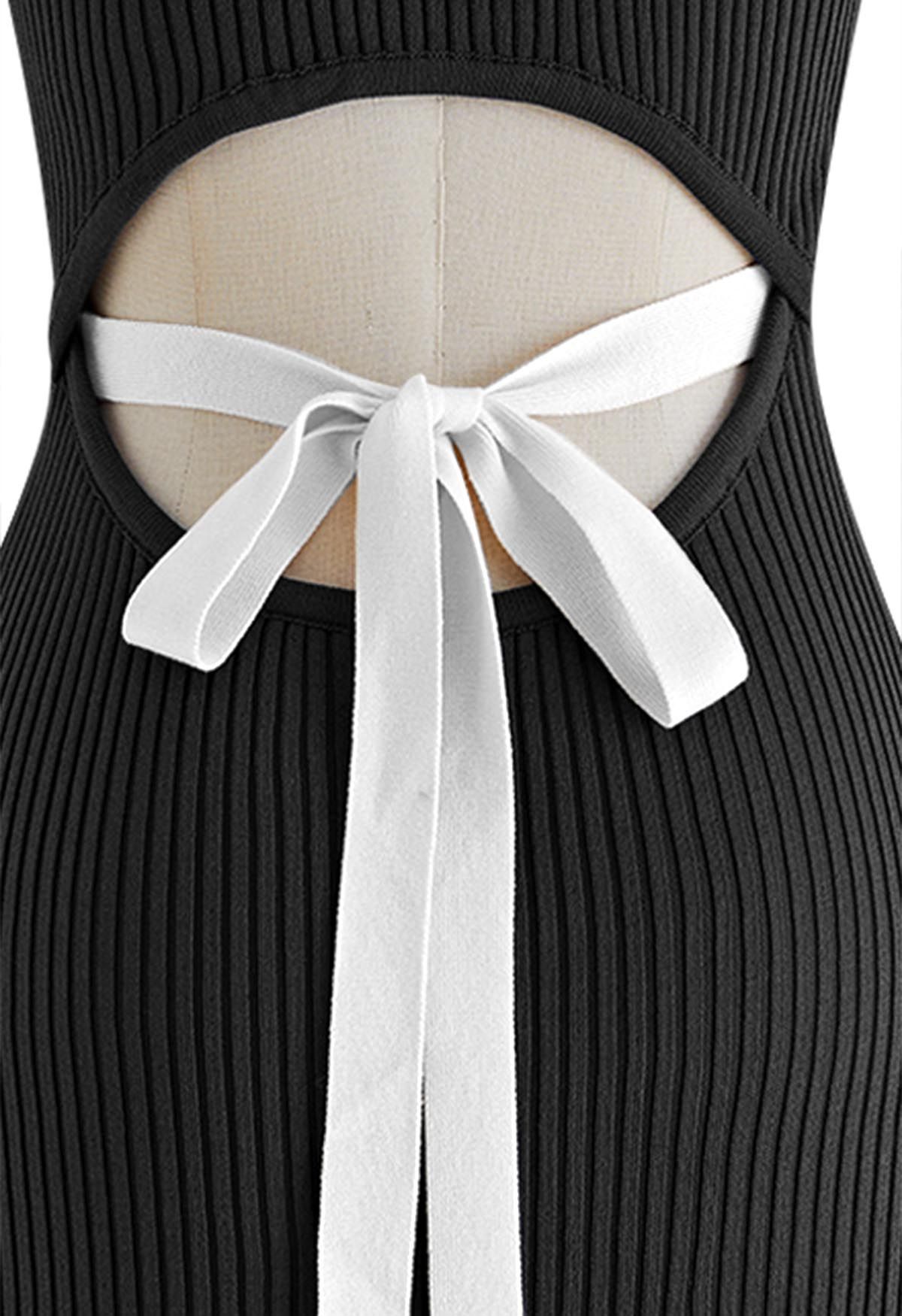 Self-Tie Ribbon Back Cutout Bodycon Dress in Black