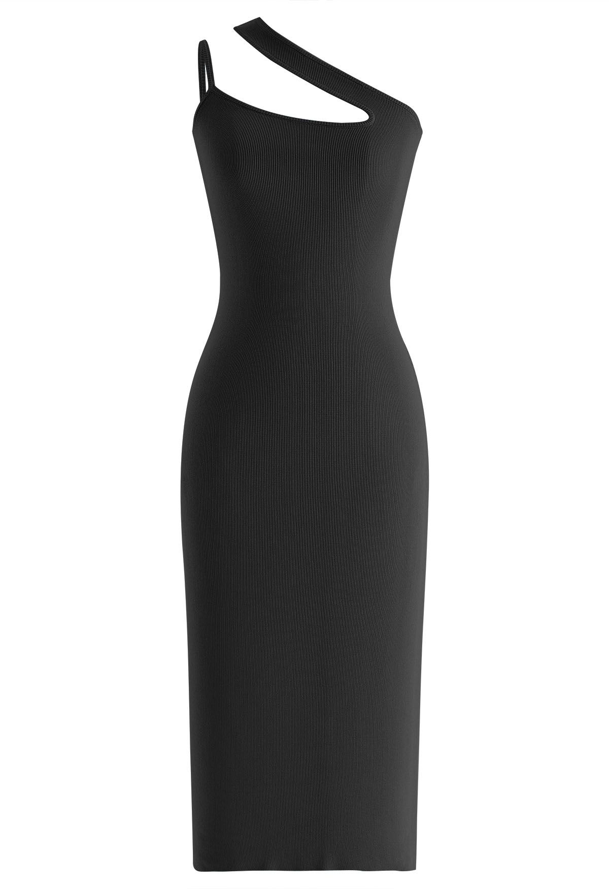 Asymmetric Straps Bodycon Knit Dress in Black