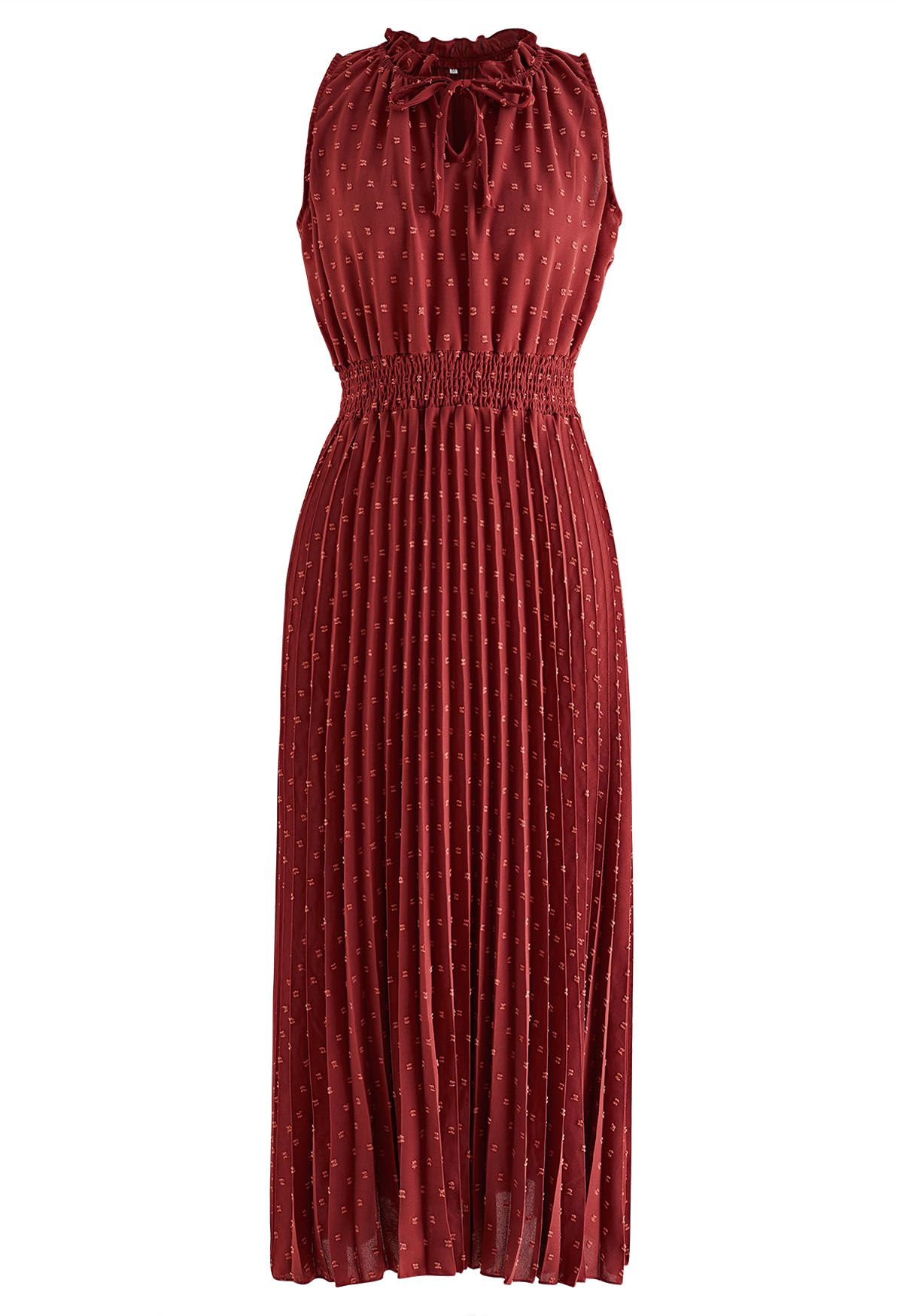 Tie-Neck Flock Dot Pleated Dress in Rust Red