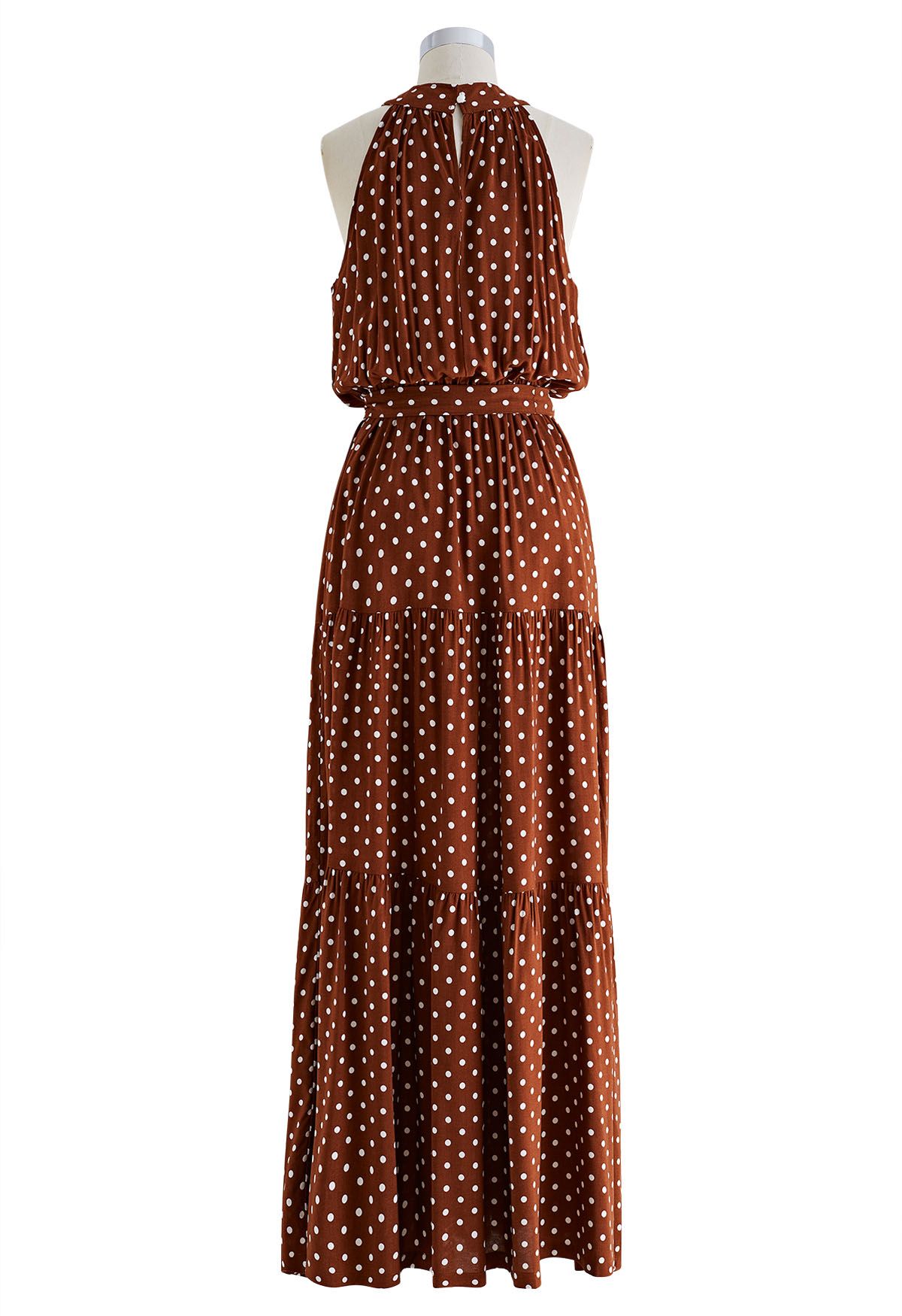 Halter Neck Tie Waist Maxi Dress In Caramel Dots Retro Indie And