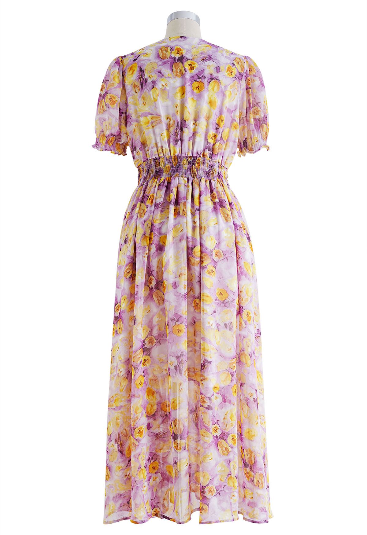 V-Neck Ruffle Trimmed Floral Chiffon Dress in Violet