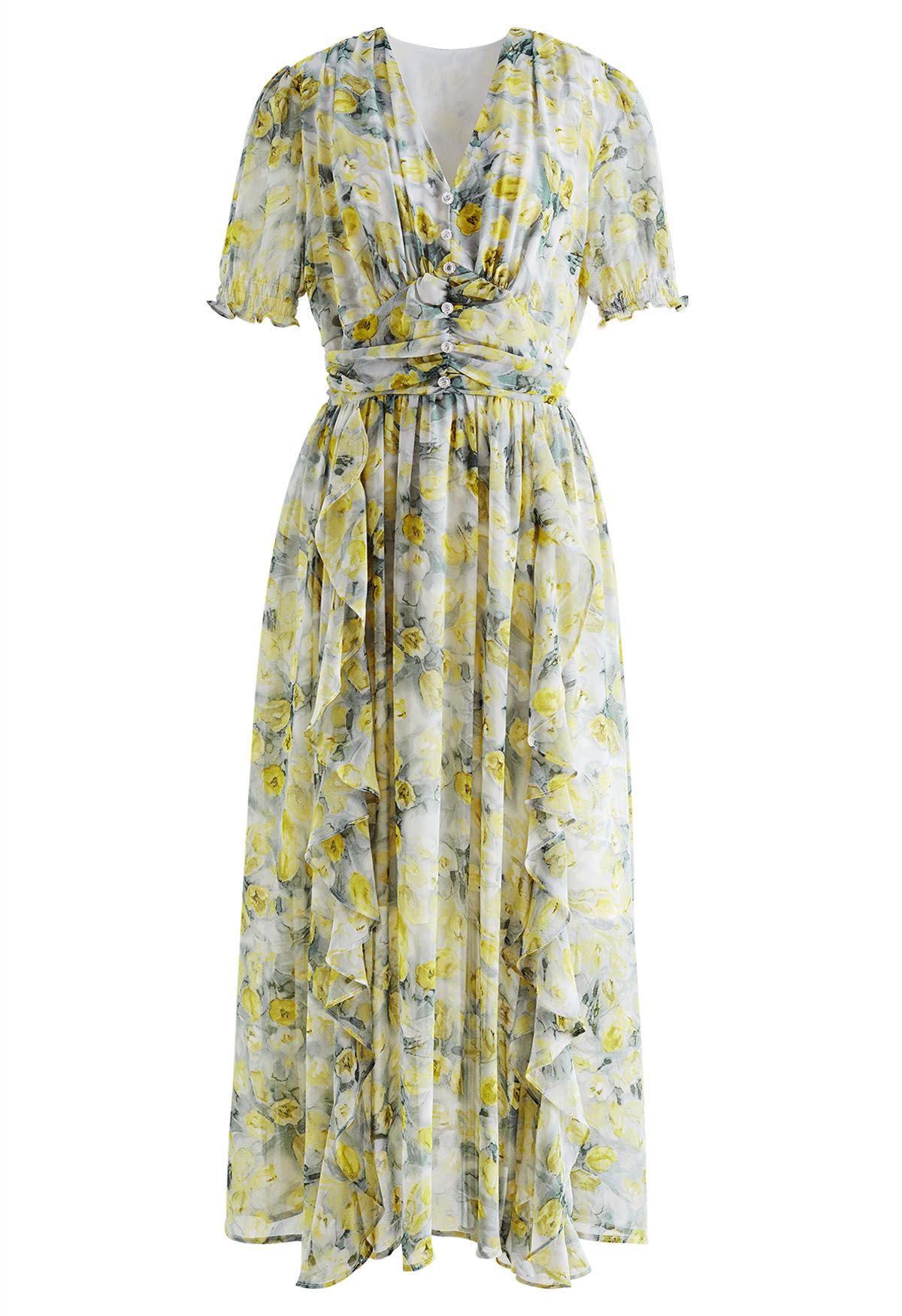 V-Neck Ruffle Trimmed Floral Chiffon Dress in Sage