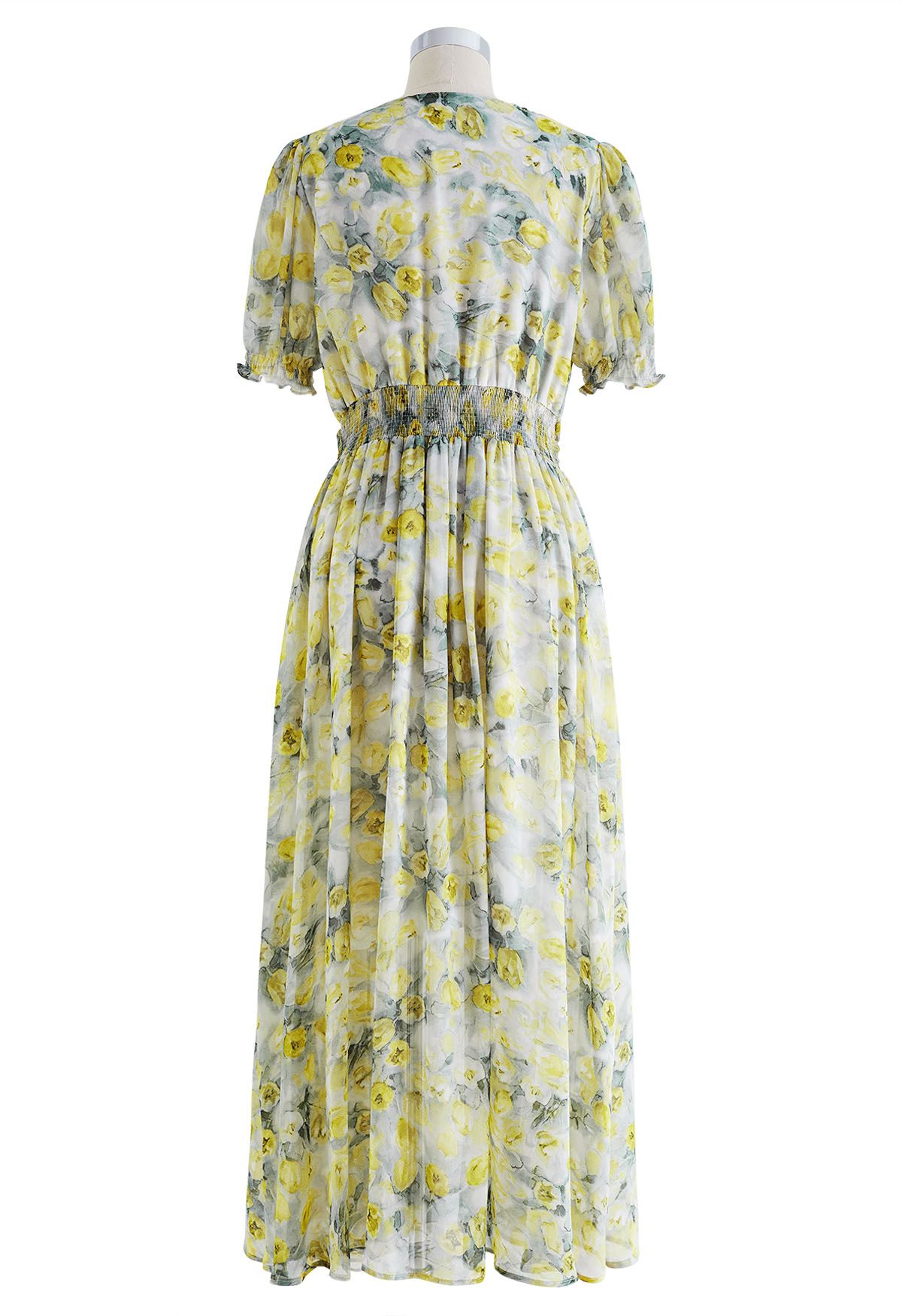 V-Neck Ruffle Trimmed Floral Chiffon Dress in Sage