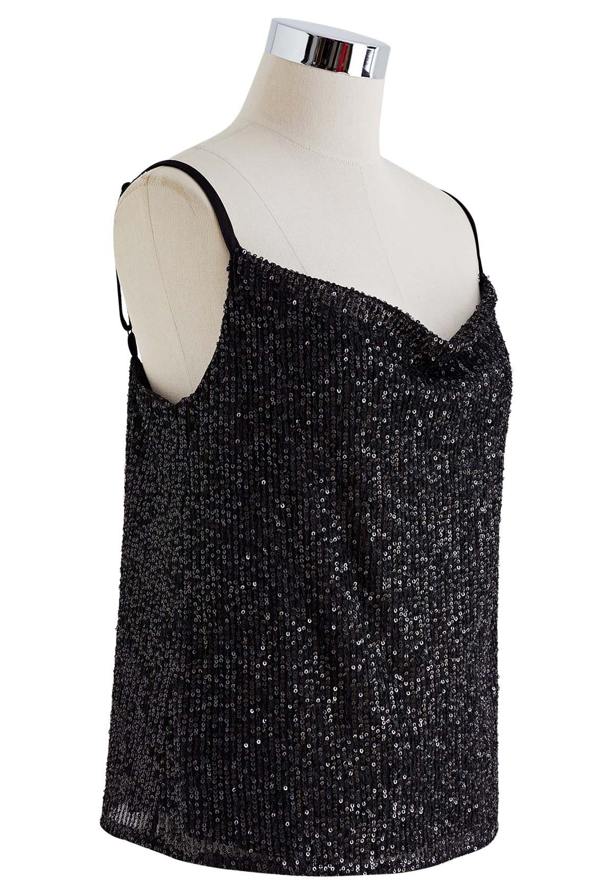 Cowl Neck Sequined Cami Top in Black