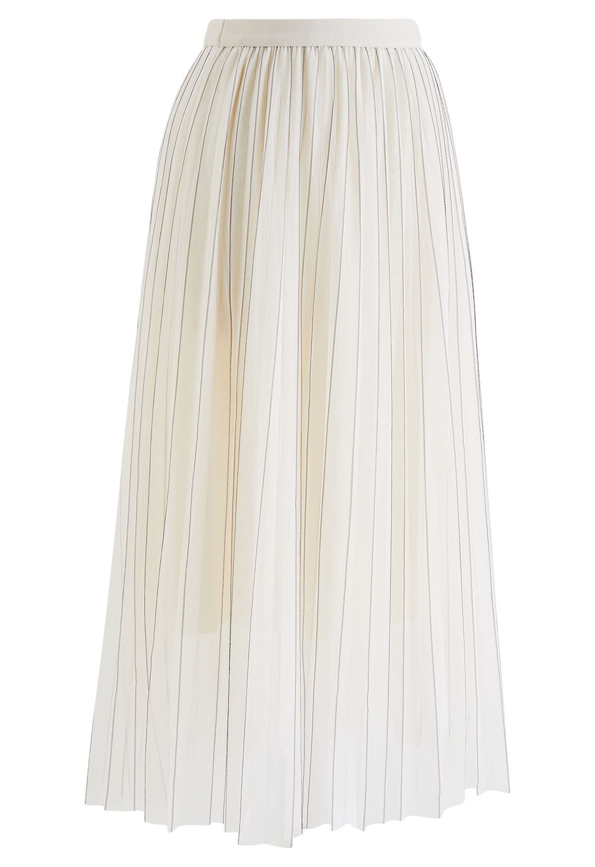 Contrast Lines Pleated Mesh Tulle Midi Skirt in Cream