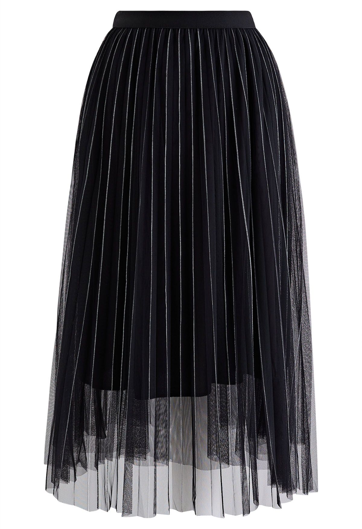 Contrast Lines Pleated Mesh Tulle Midi Skirt in Black