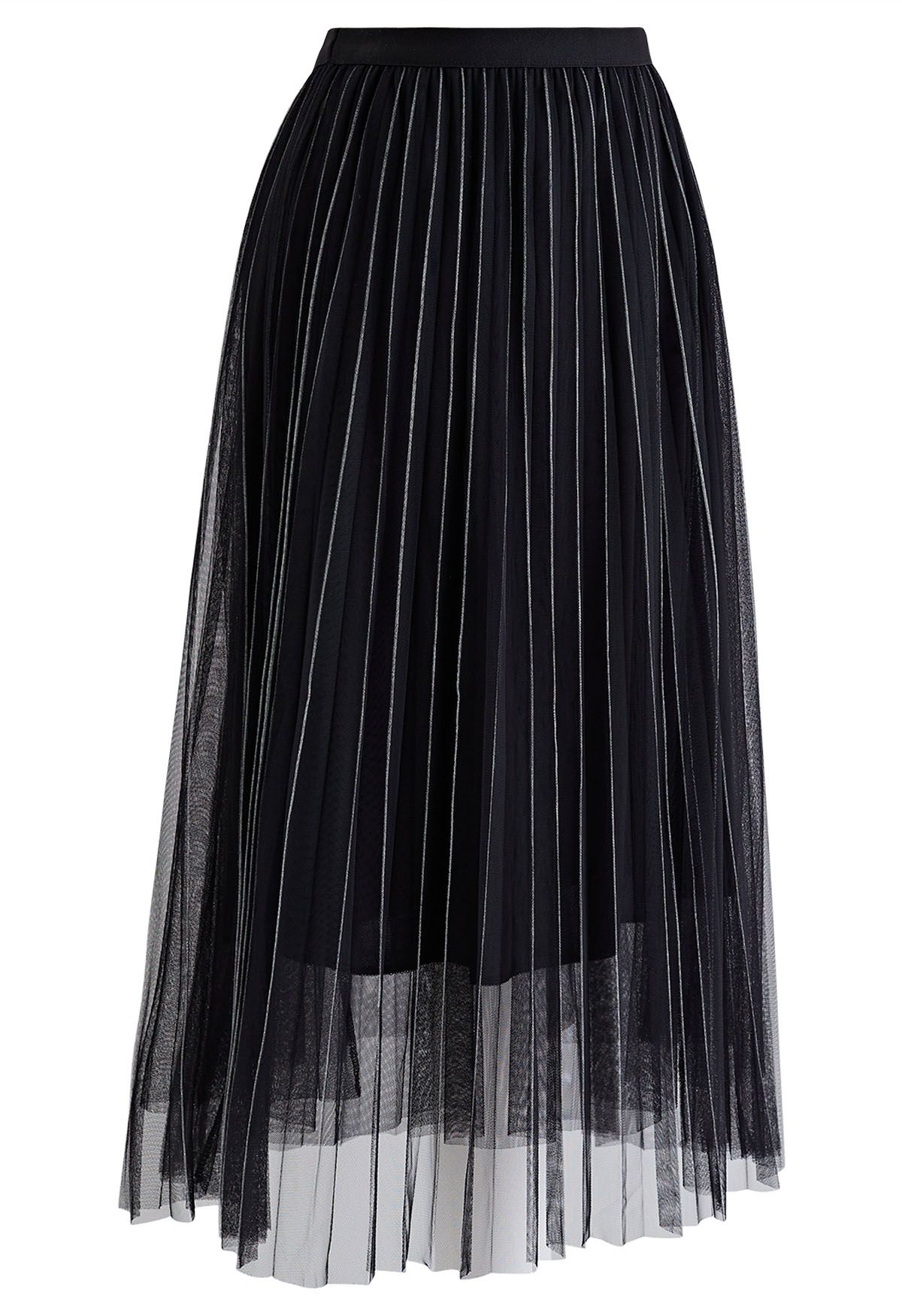 Contrast Lines Pleated Mesh Tulle Midi Skirt in Black