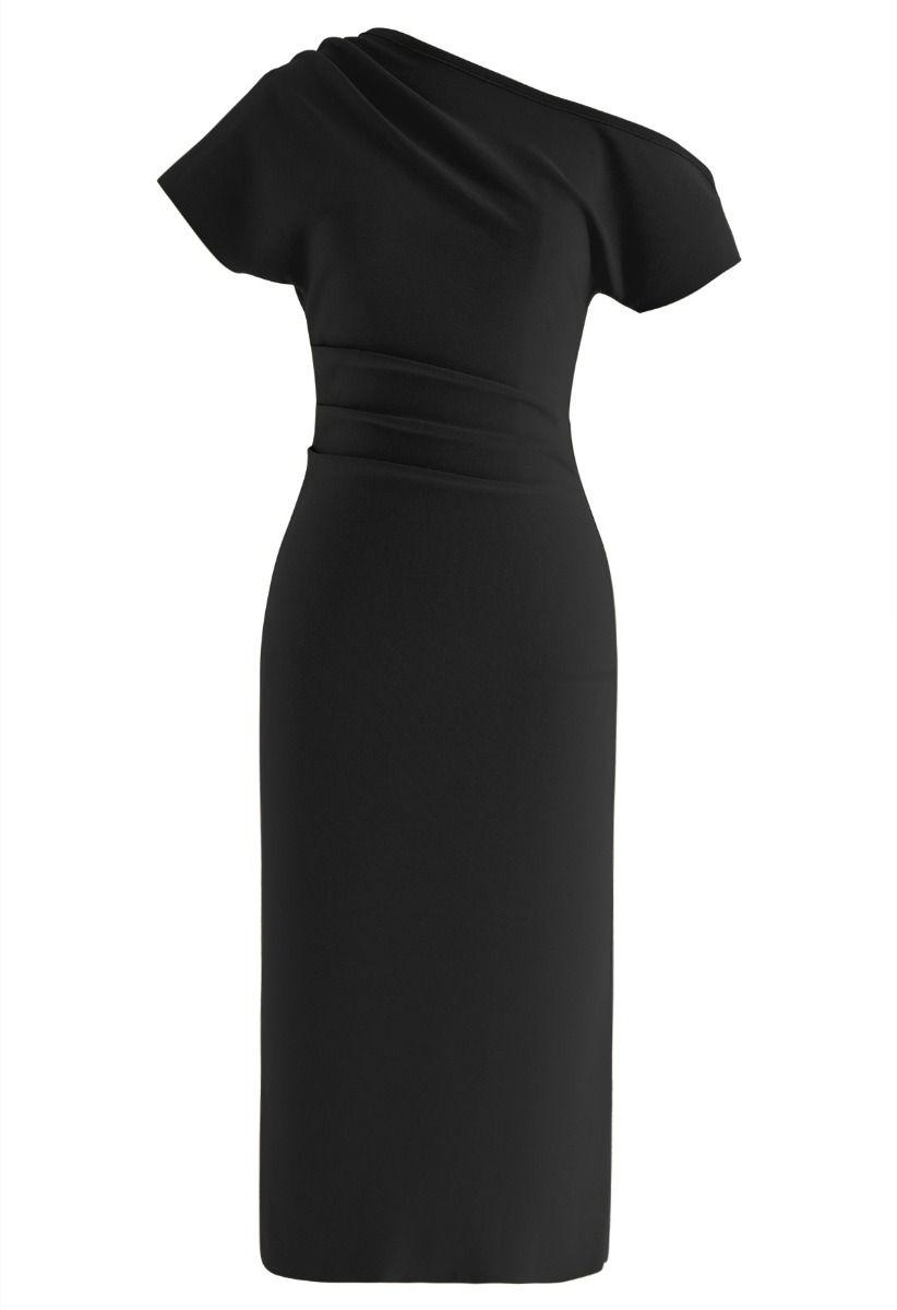 Slanted One-Shoulder Bodycon Dress in Black