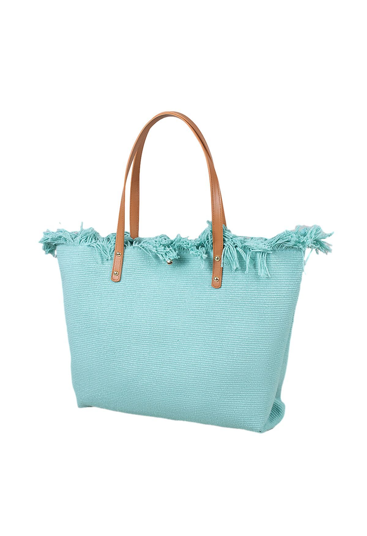 Tassel Trim Canvas Tote Bag in Mint