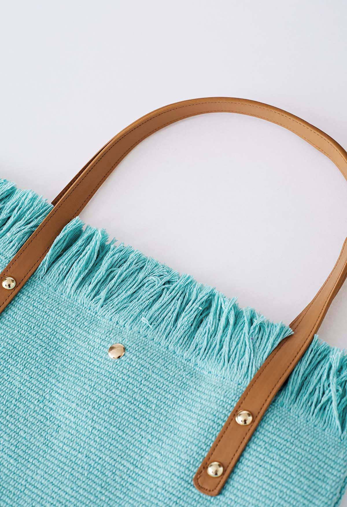 Tassel Trim Canvas Tote Bag in Mint