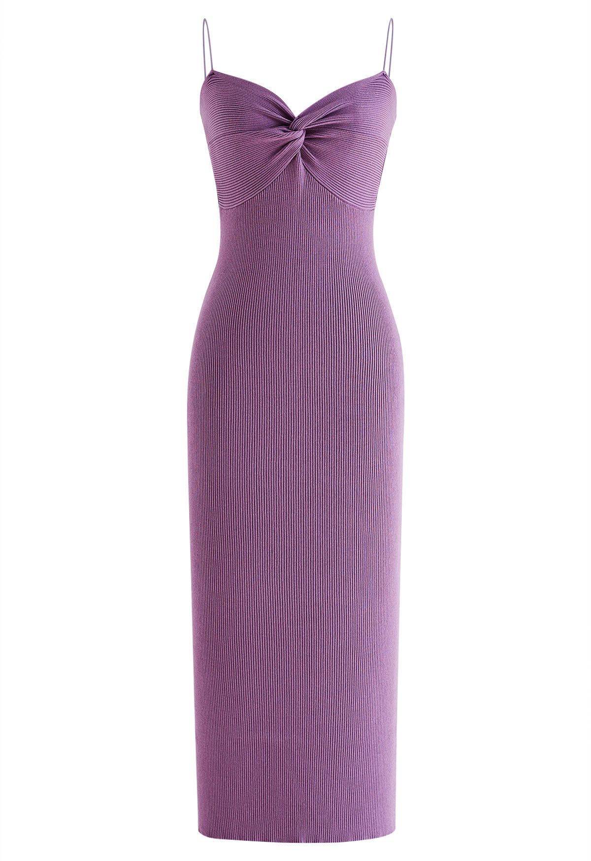 Twist Front Bodycon Knit Cami Dress in Purple