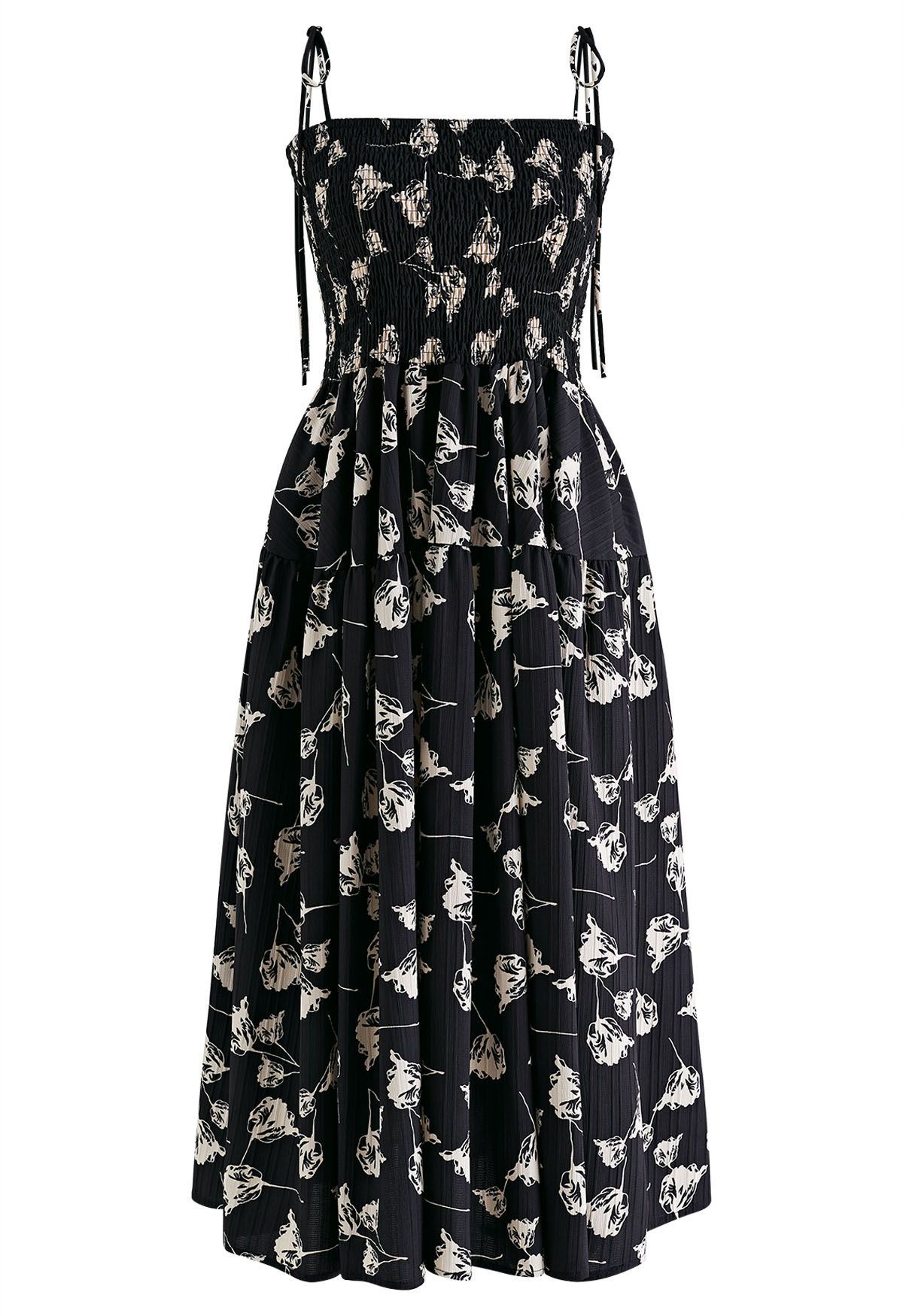 Contrast Tulip Tie-Shoulder Frilling Dress in Black