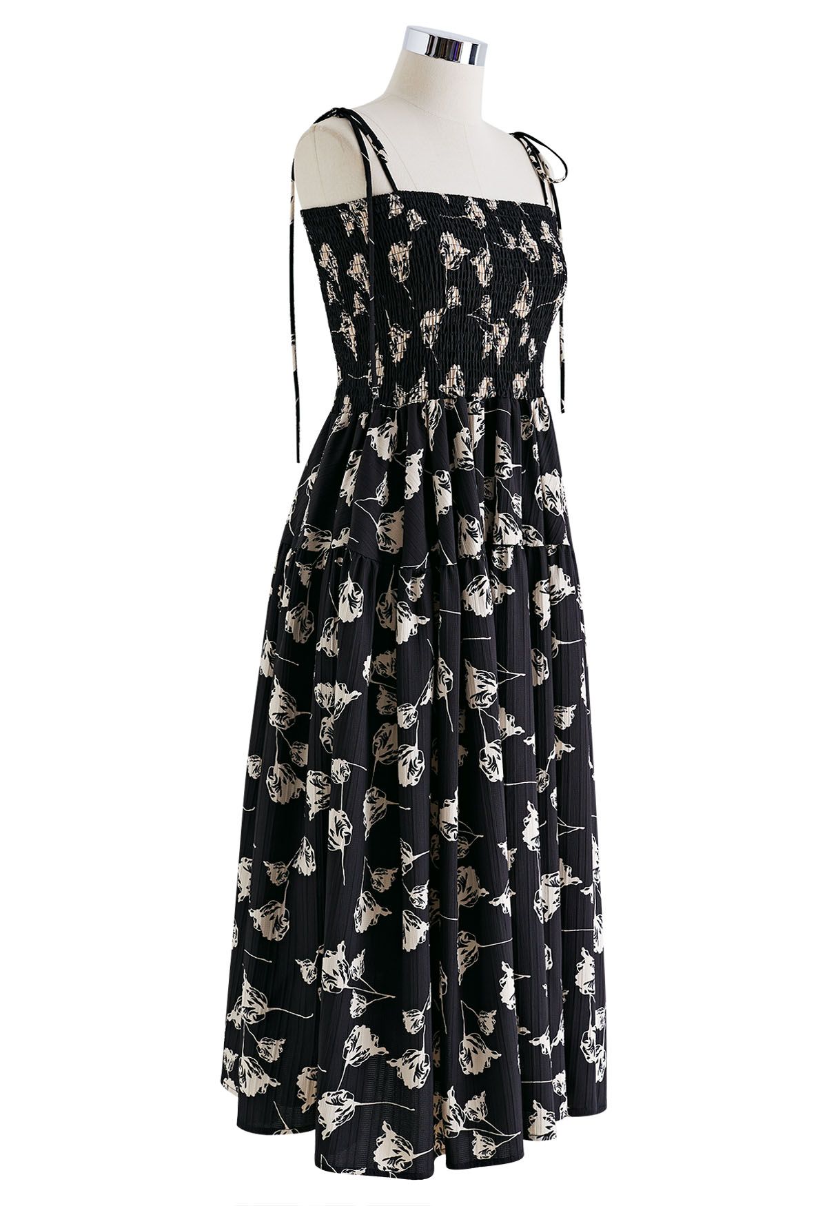 Contrast Tulip Tie-Shoulder Frilling Dress in Black