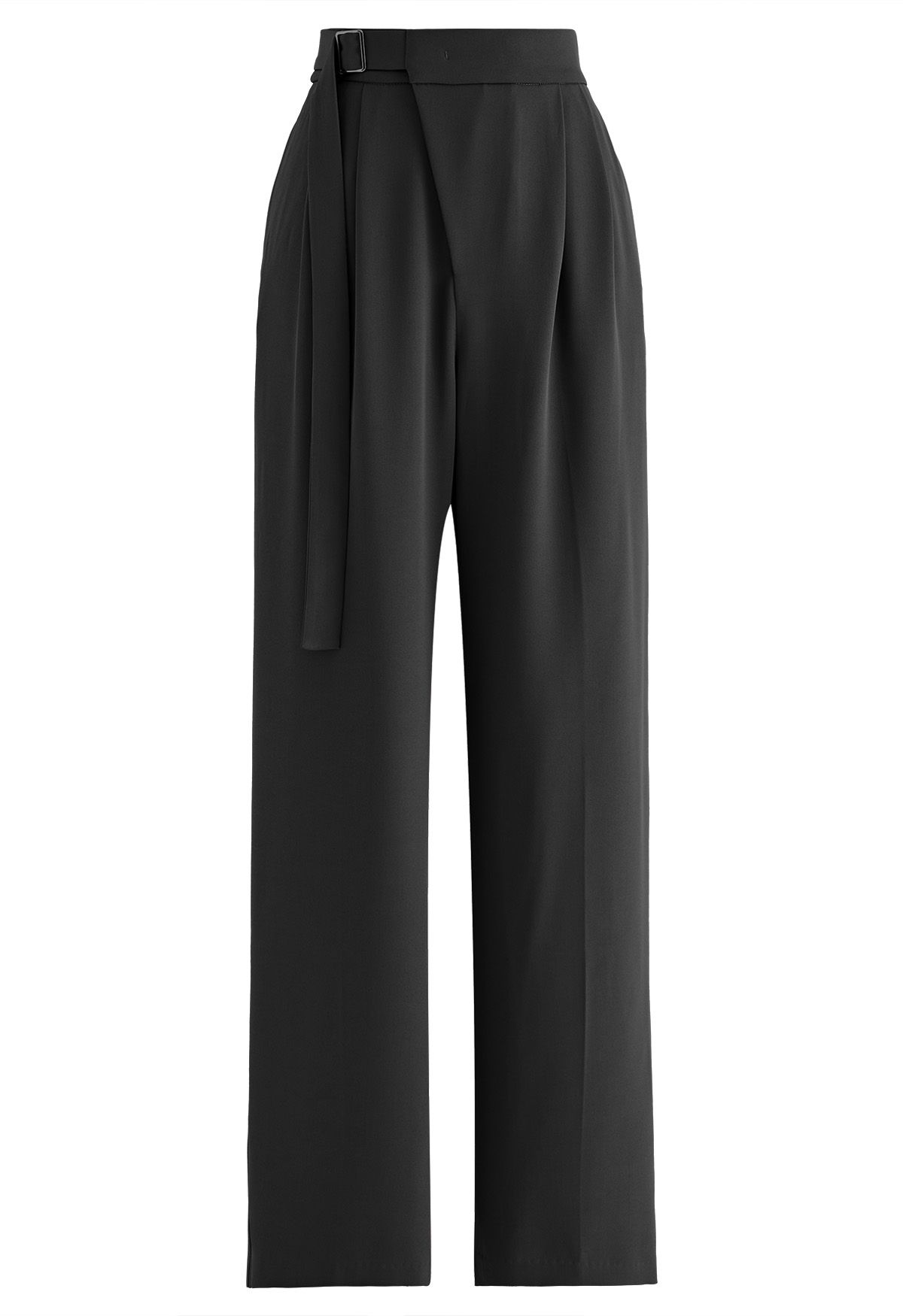 Belted Pleated Straight-Leg Pants in Black