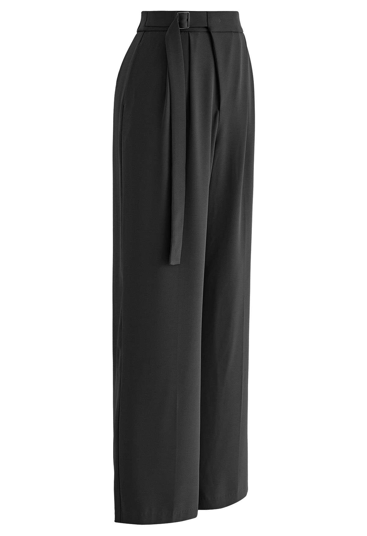 Belted Pleated Straight-Leg Pants in Black