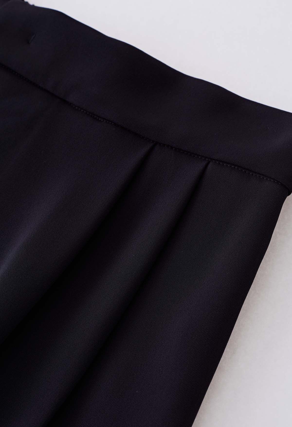 Belted Pleated Straight-Leg Pants in Black