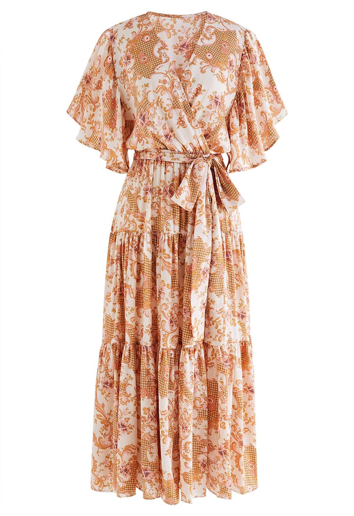 Floral Printed Flutter Sleeve Faux-Wrap Dress