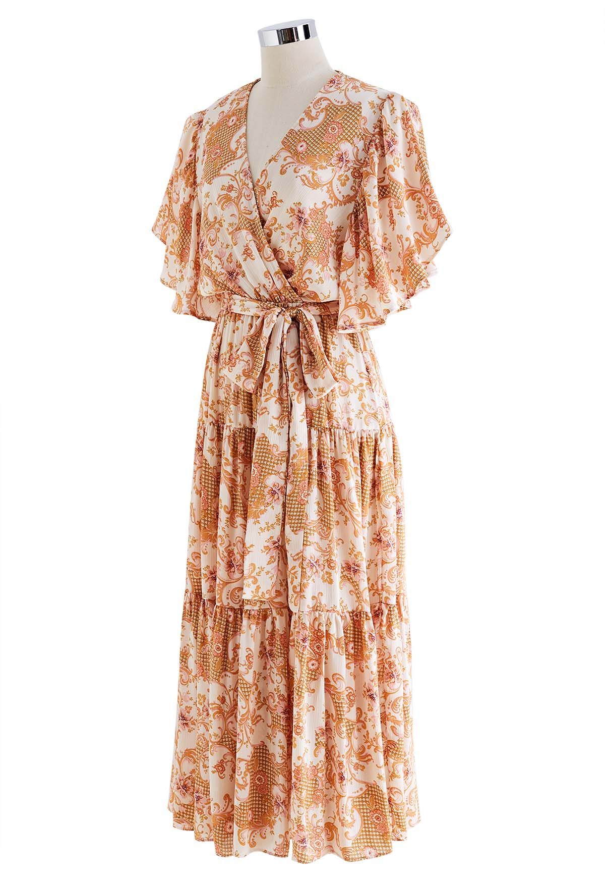 Floral Printed Flutter Sleeve Faux-Wrap Dress