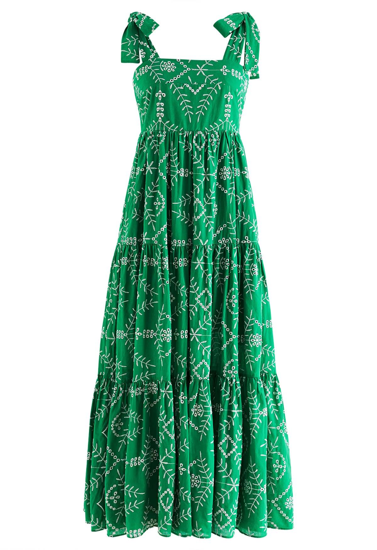 Green Eyelet Embroidered Tie-Strap Maxi Dress