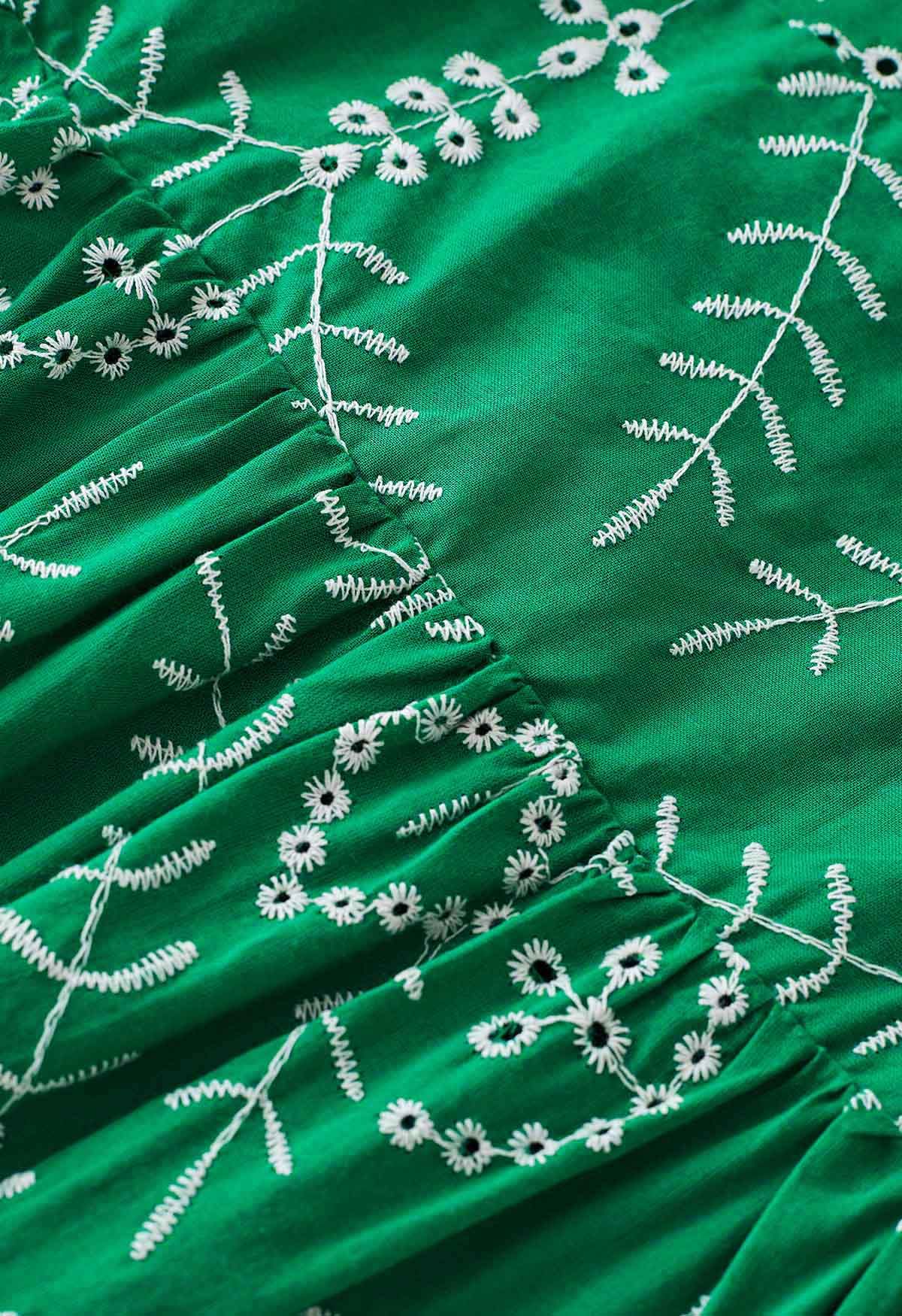 Green Eyelet Embroidered Tie-Strap Maxi Dress