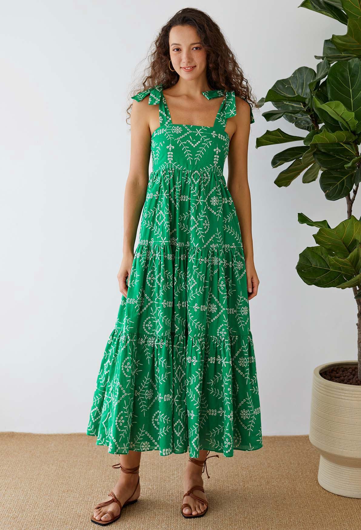 Green Eyelet Embroidered Tie-Strap Maxi Dress