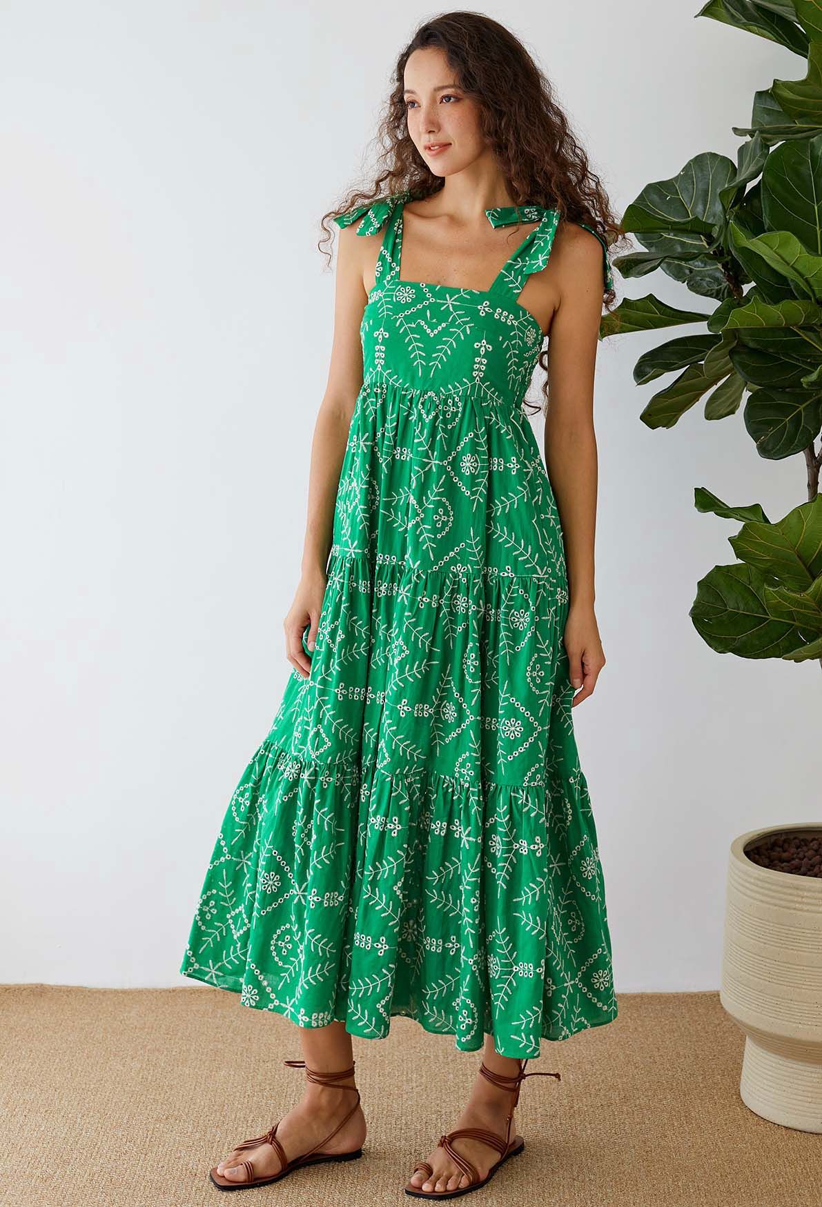 Green Eyelet Embroidered Tie-Strap Maxi Dress