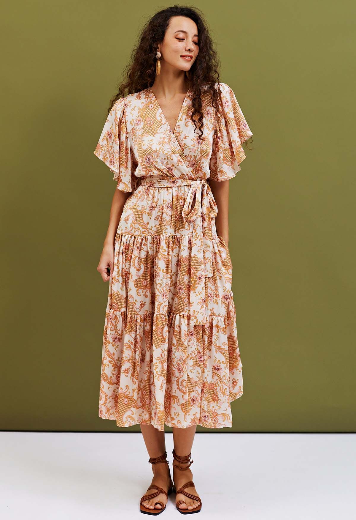 Floral Printed Flutter Sleeve Faux-Wrap Dress