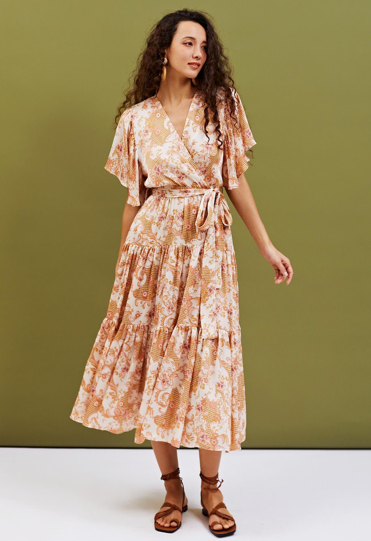 Floral Printed Flutter Sleeve Faux-Wrap Dress