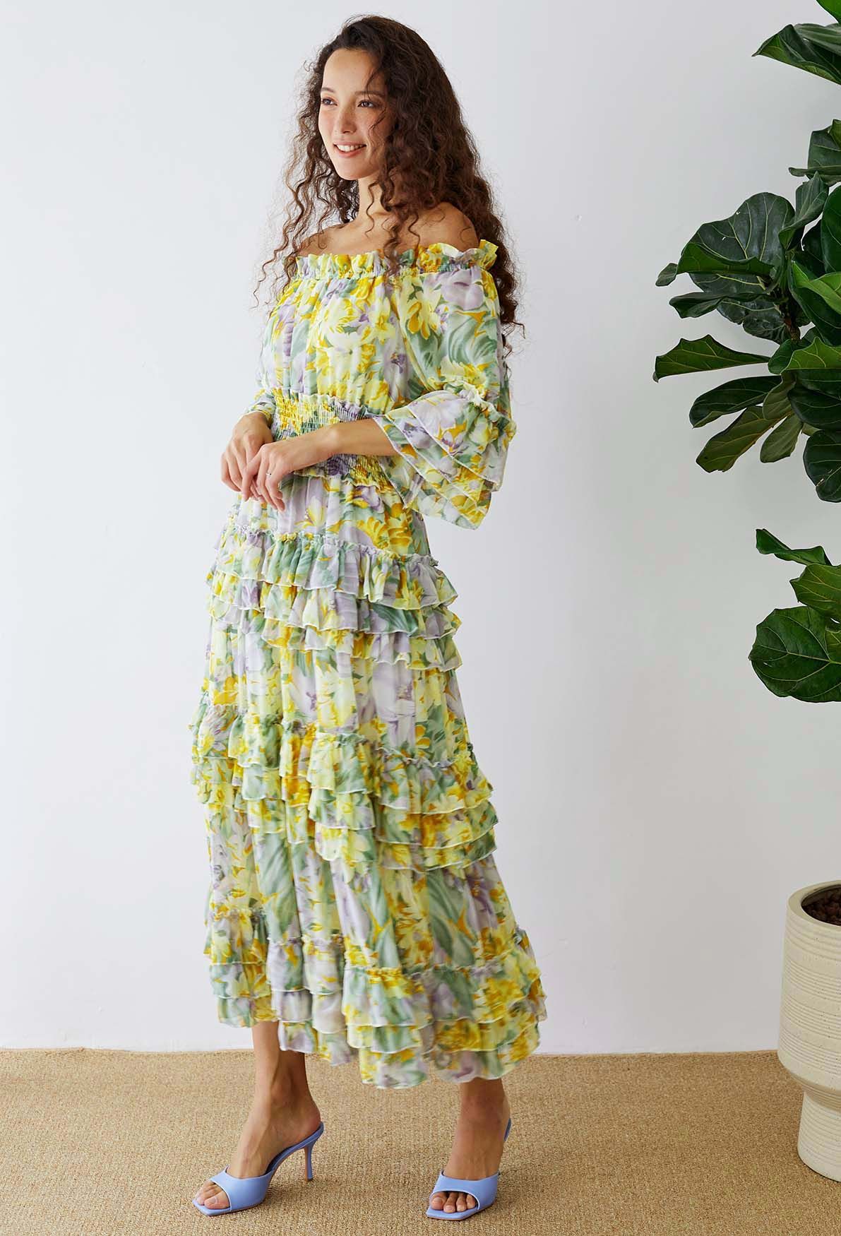 Tiered Ruffle Floral Off-Shoulder Chiffon Maxi Dress in Yellow