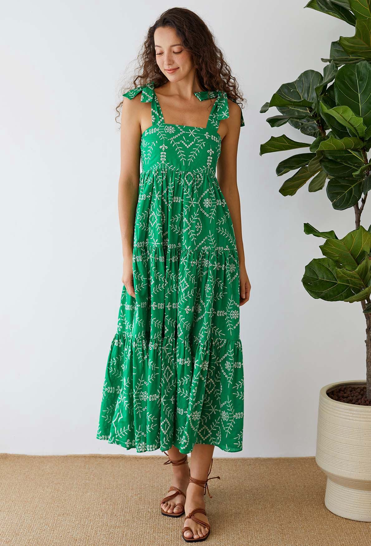 Green Eyelet Embroidered Tie-Strap Maxi Dress