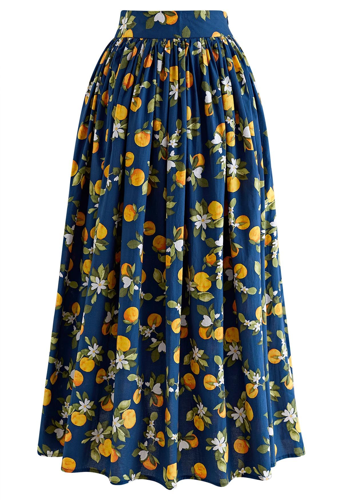 Refreshing Orange Printed Maxi Skirt in Navy