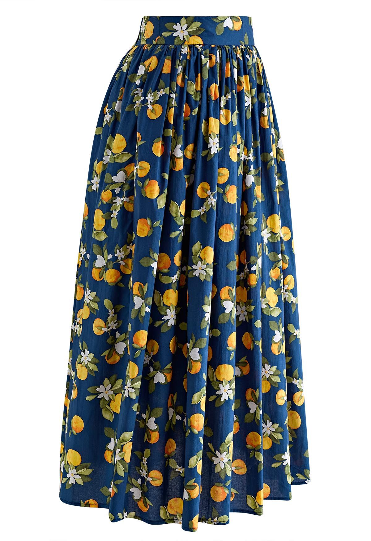 Refreshing Orange Printed Maxi Skirt in Navy