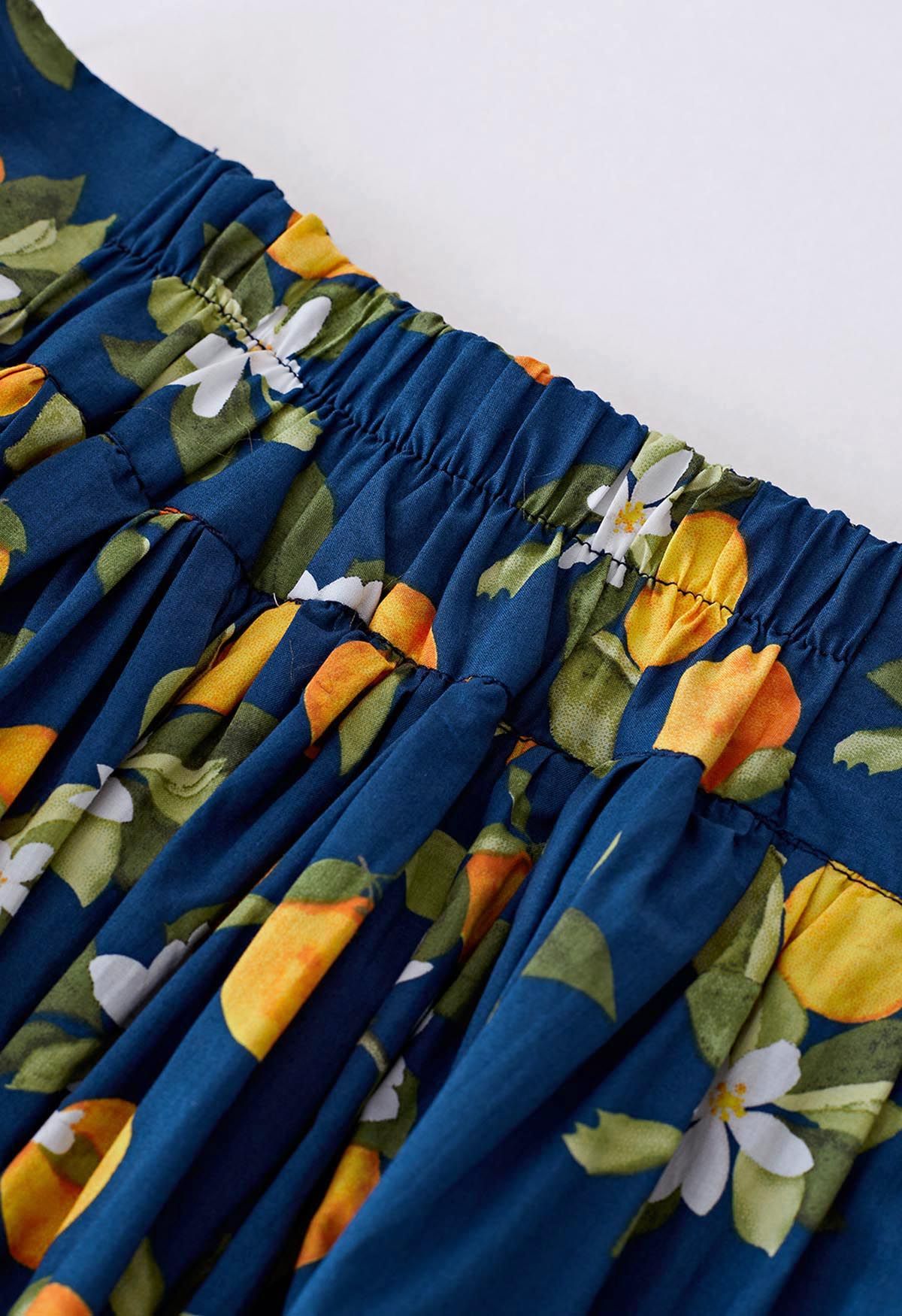 Refreshing Orange Printed Maxi Skirt in Navy