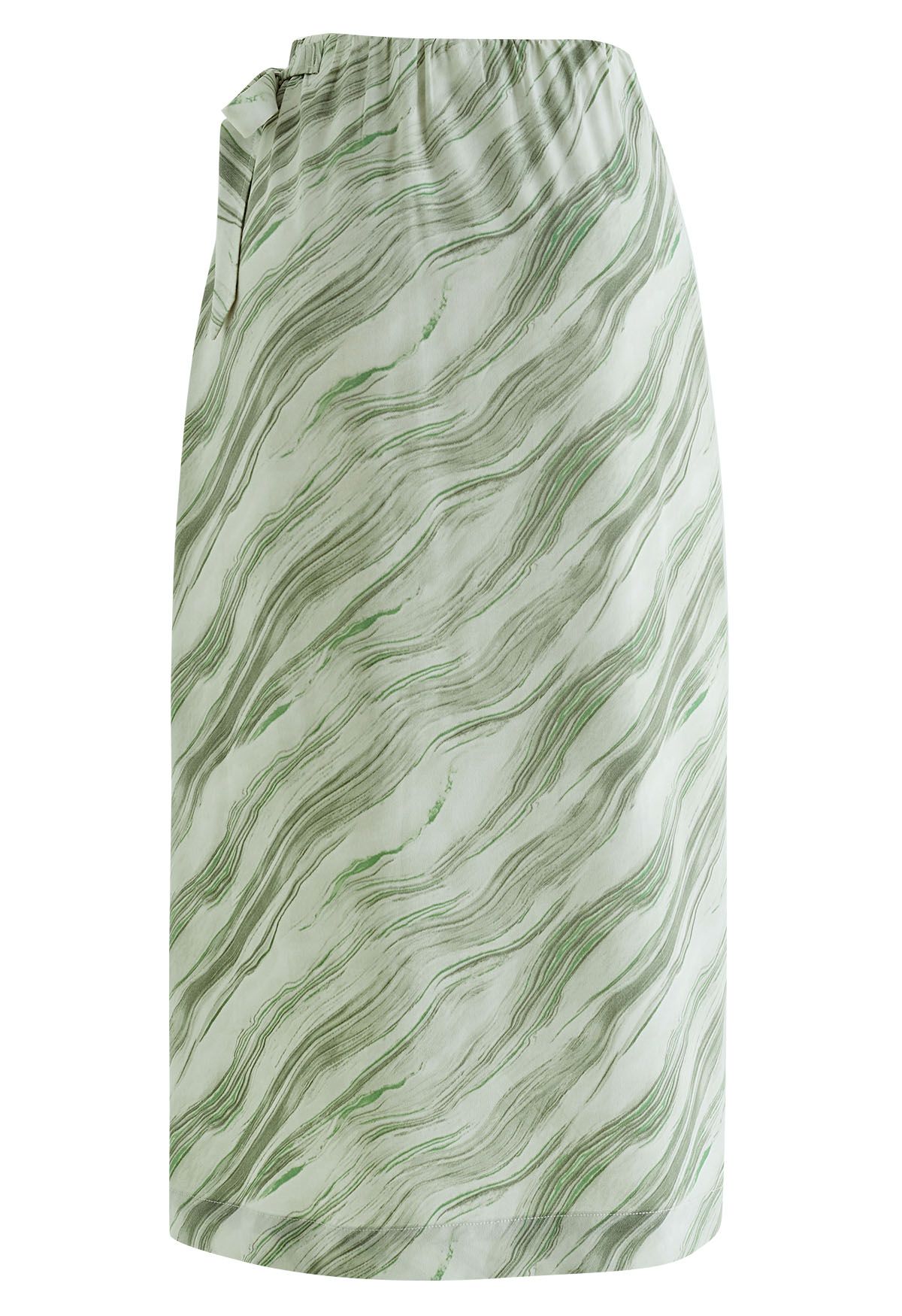 Marble Print Tie Waist Flap Midi Skirt in Green