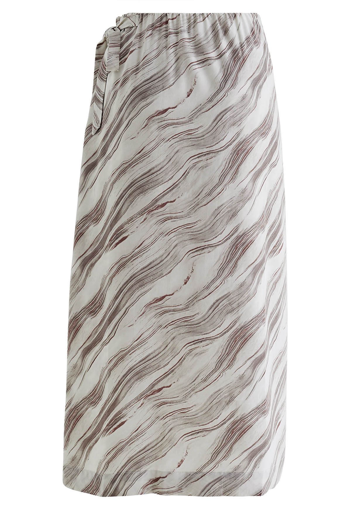 Marble Print Tie Waist Flap Midi Skirt in Brown