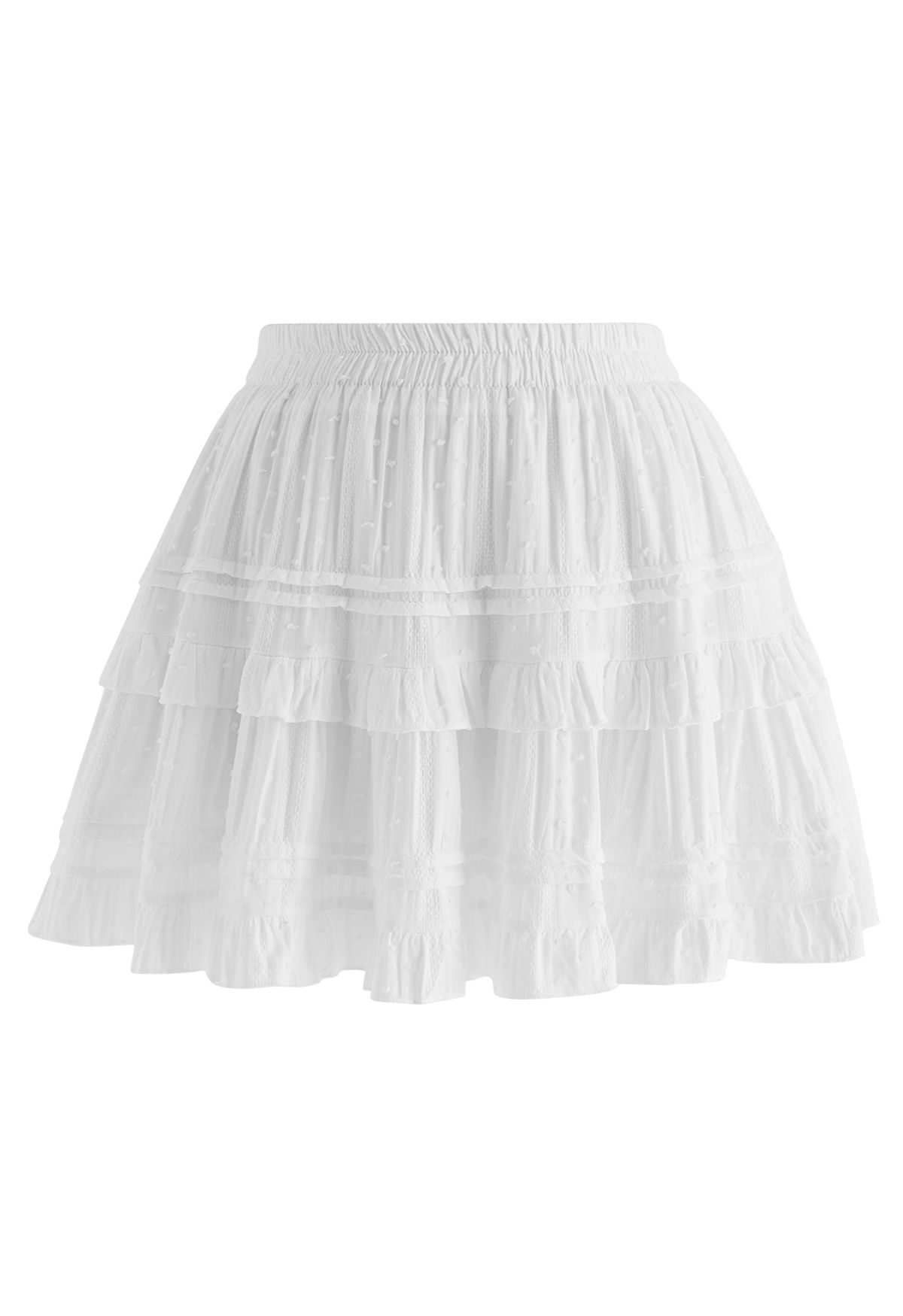 Flock Dot Tiered Ruffle Mini Skirt in White