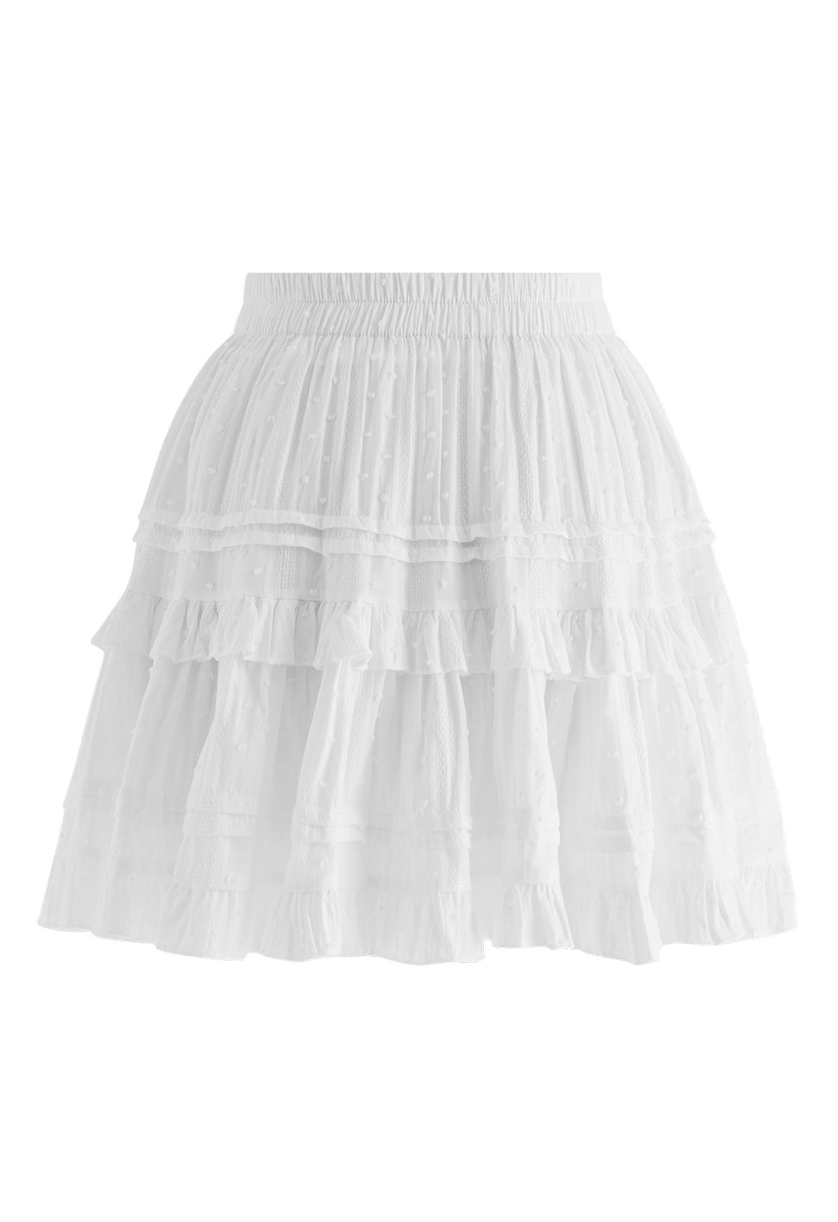 Flock Dot Tiered Ruffle Mini Skirt in White