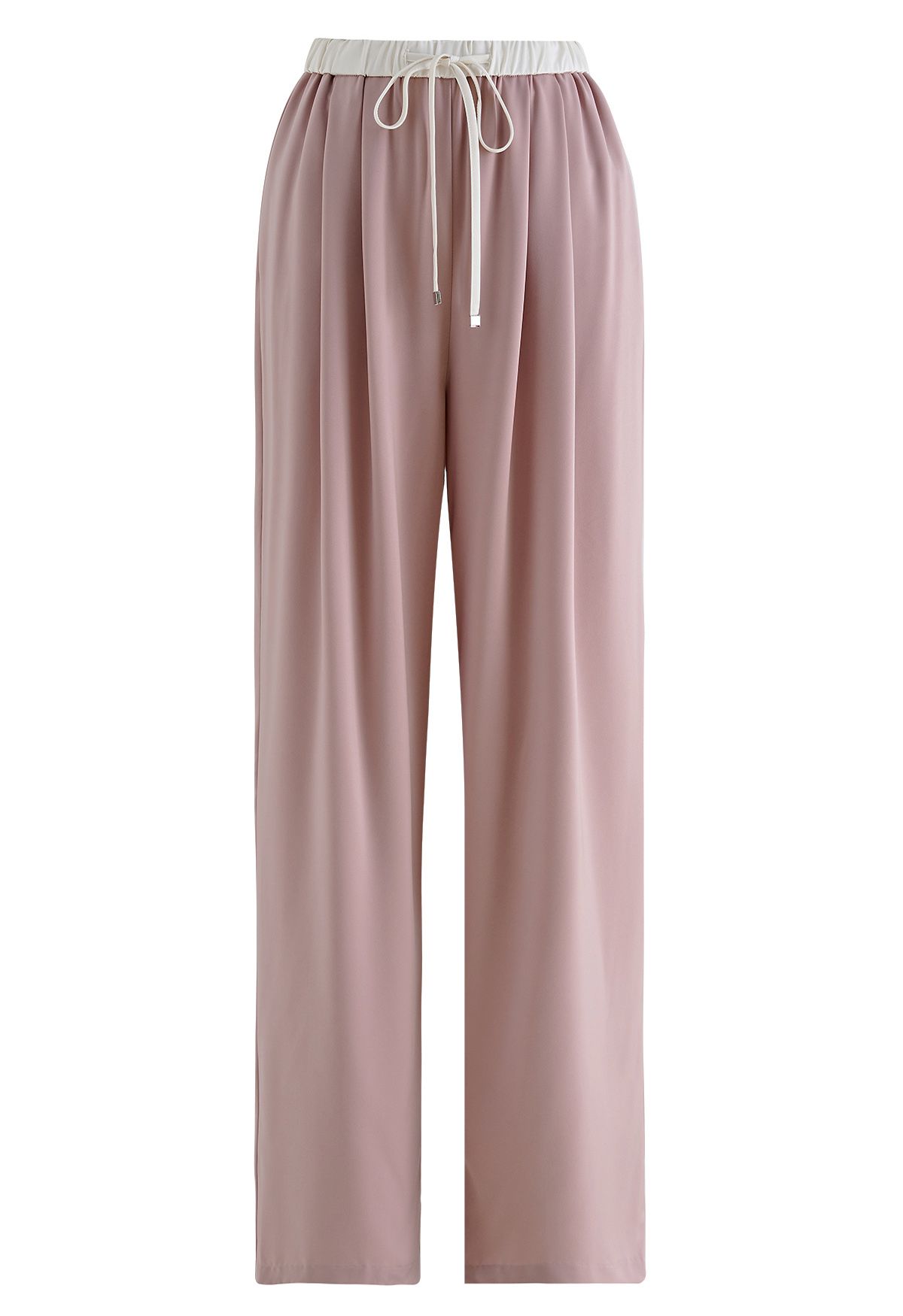 Contrast Waist Satin Pleated Straight-Leg Pants in Pink