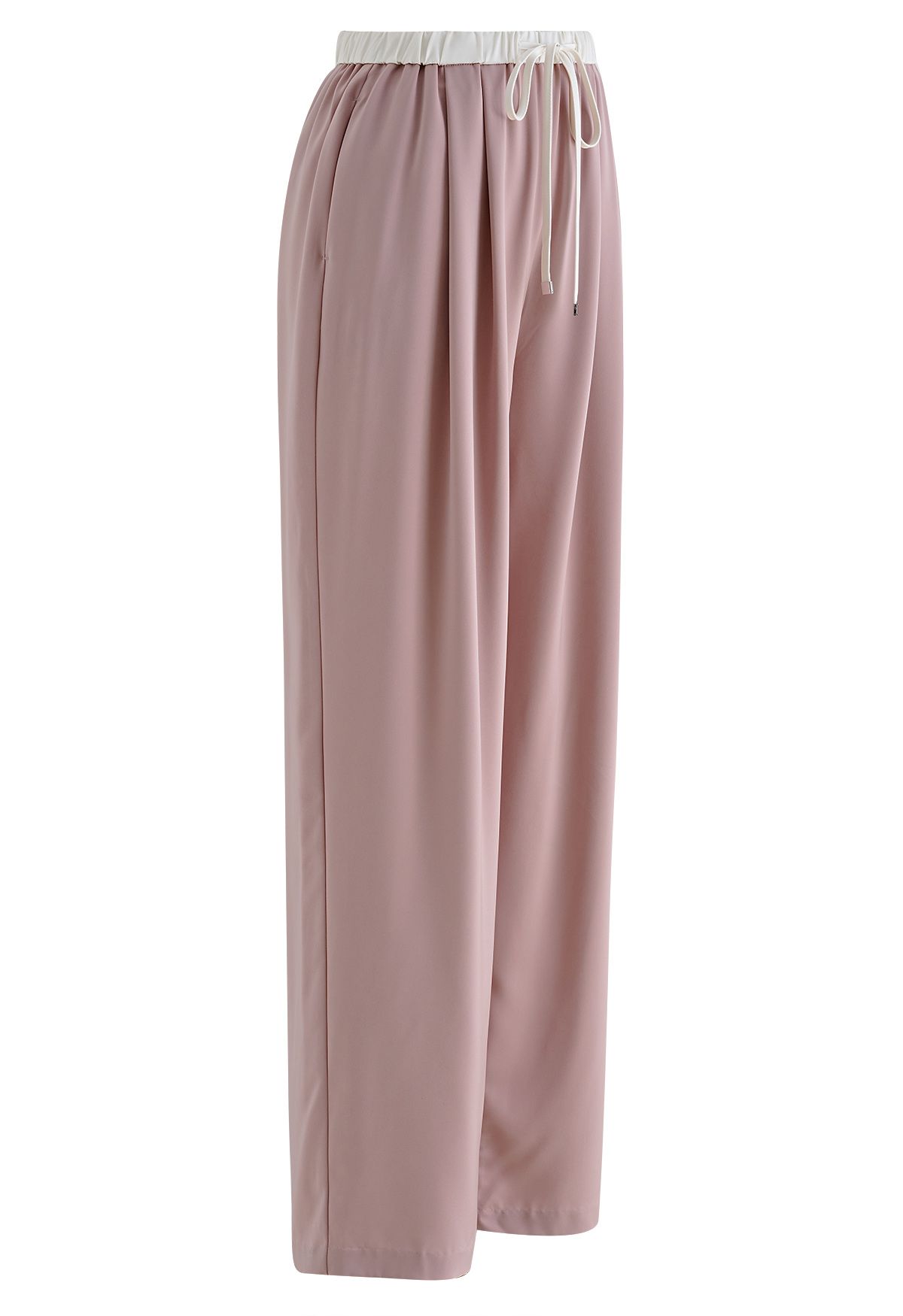 Contrast Waist Satin Pleated Straight-Leg Pants in Pink